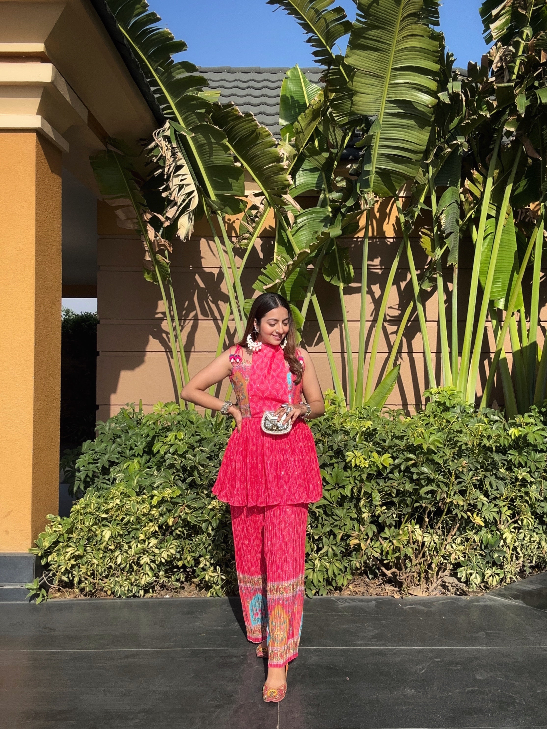 Pink Bandhani kurta set for women with palazzo pants and sleeveless embroidered kurta