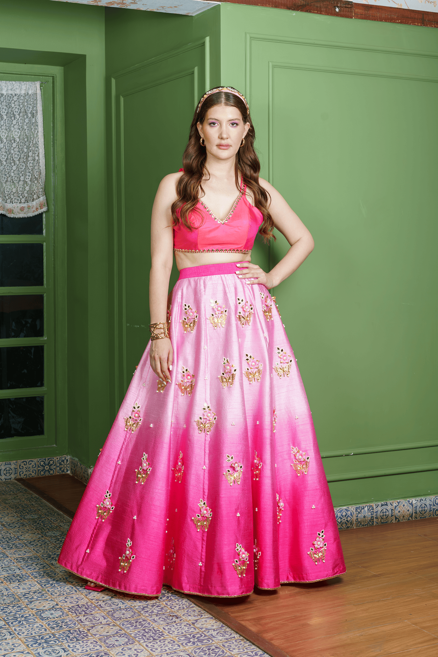 Pink Ombre Raw Silk Lehenga with Butterfly Blouse
