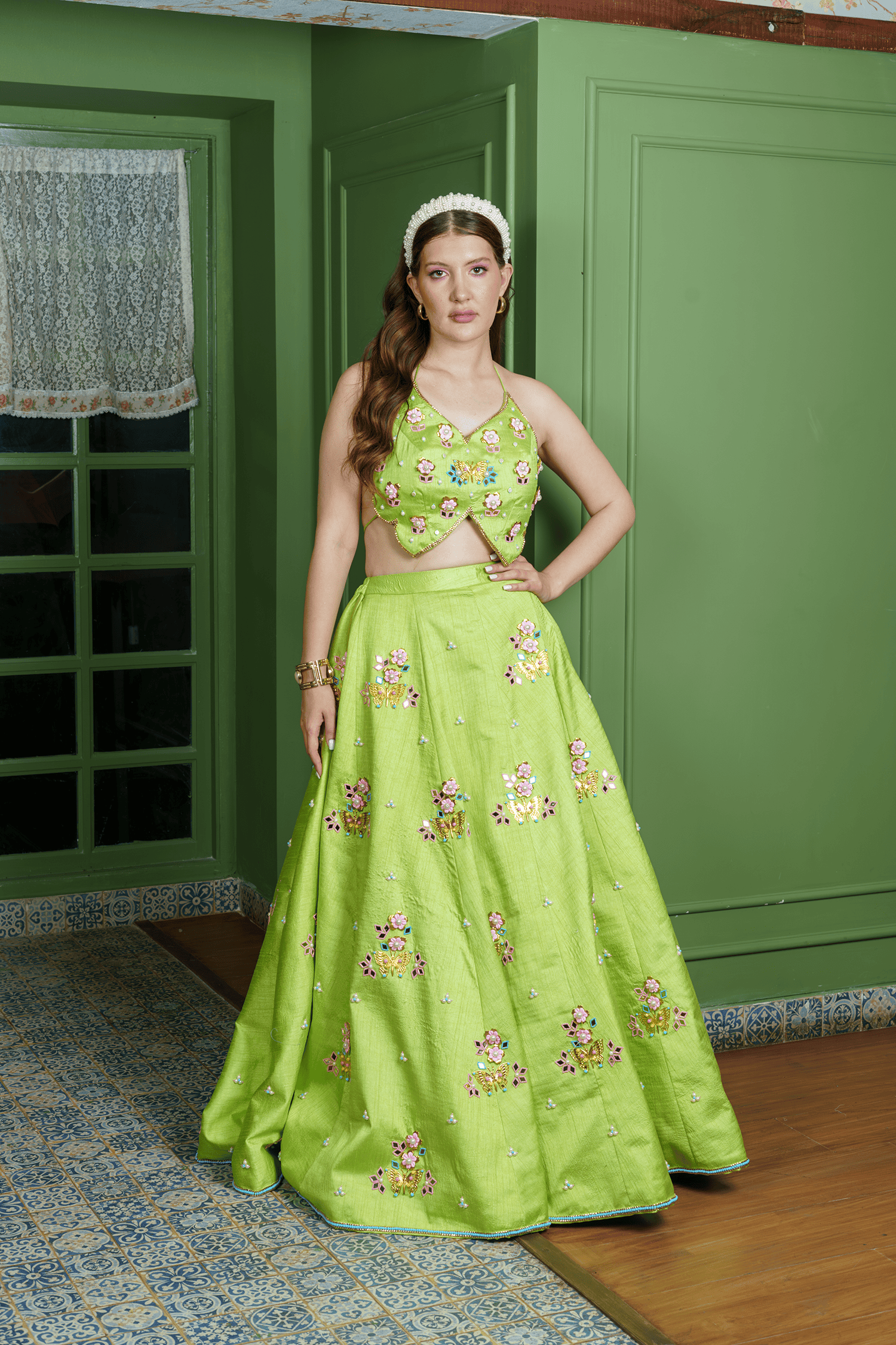 lehenga with halter crop butterfly blouse in pastel green