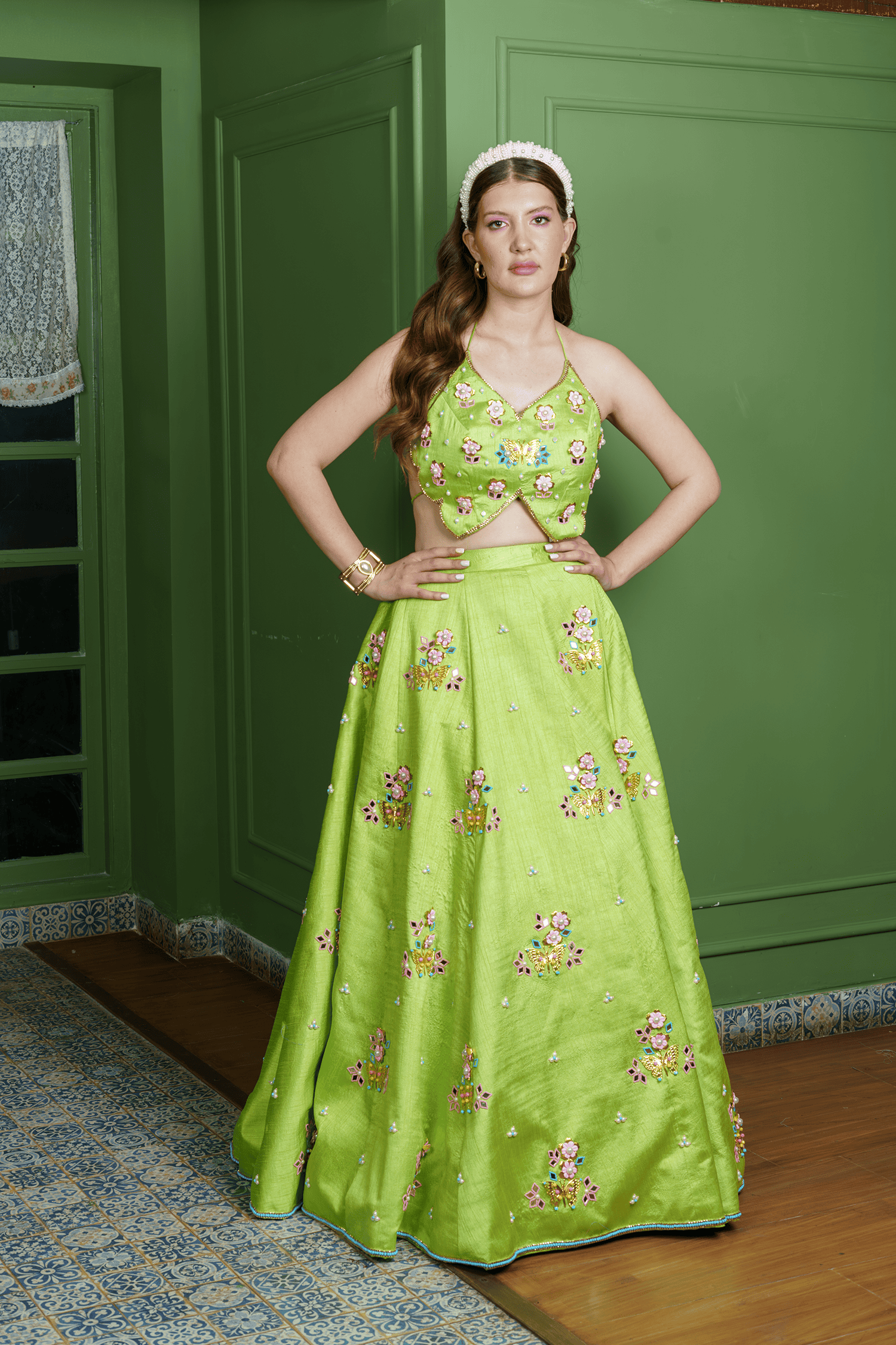 pistachio green raw silk lehenga with butterfly blouse—hand-embroidered, modern, and perfect for weddings & festive celebrations