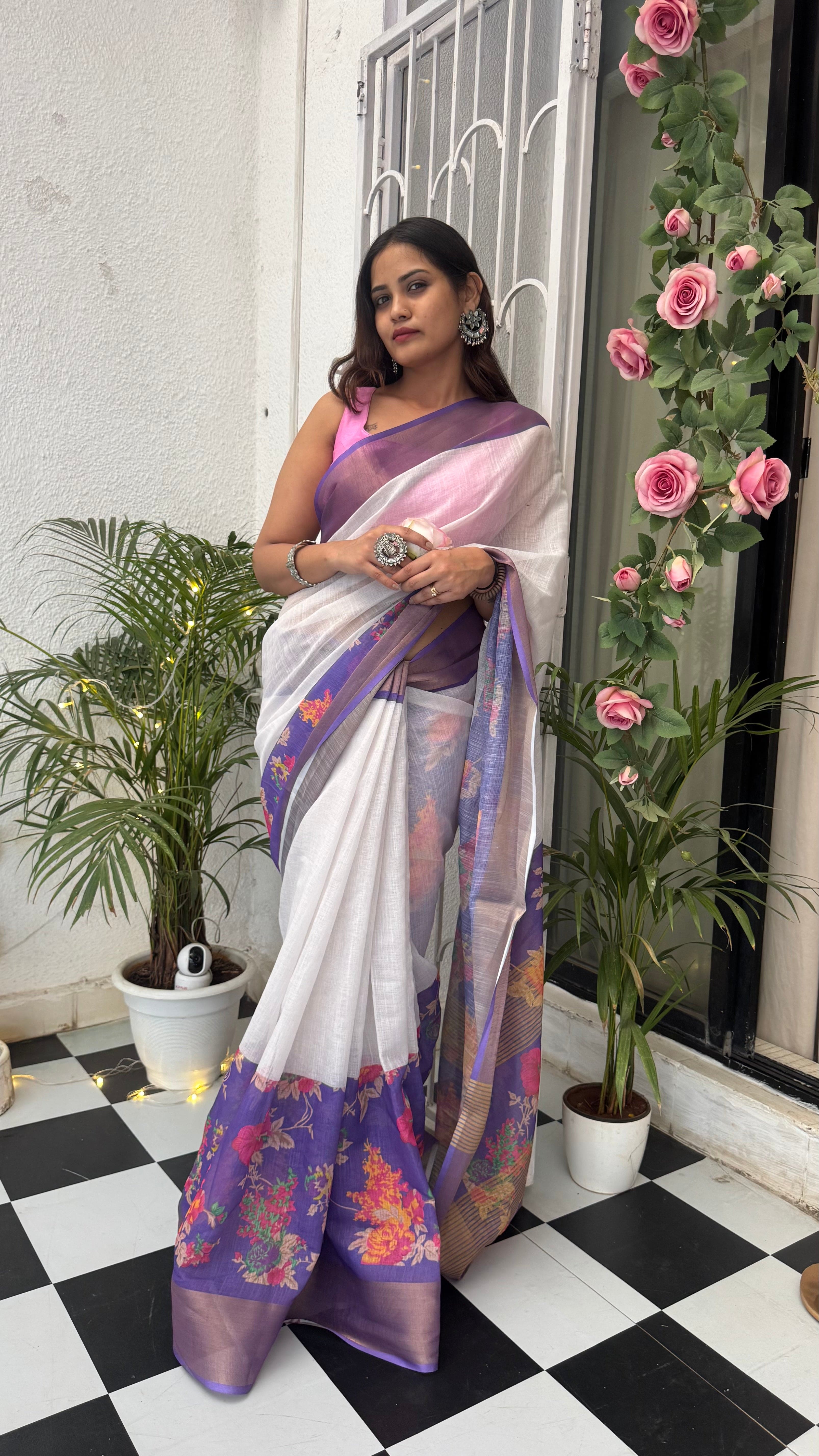 Woman in Amethyst Bloom cotton designer saree front view