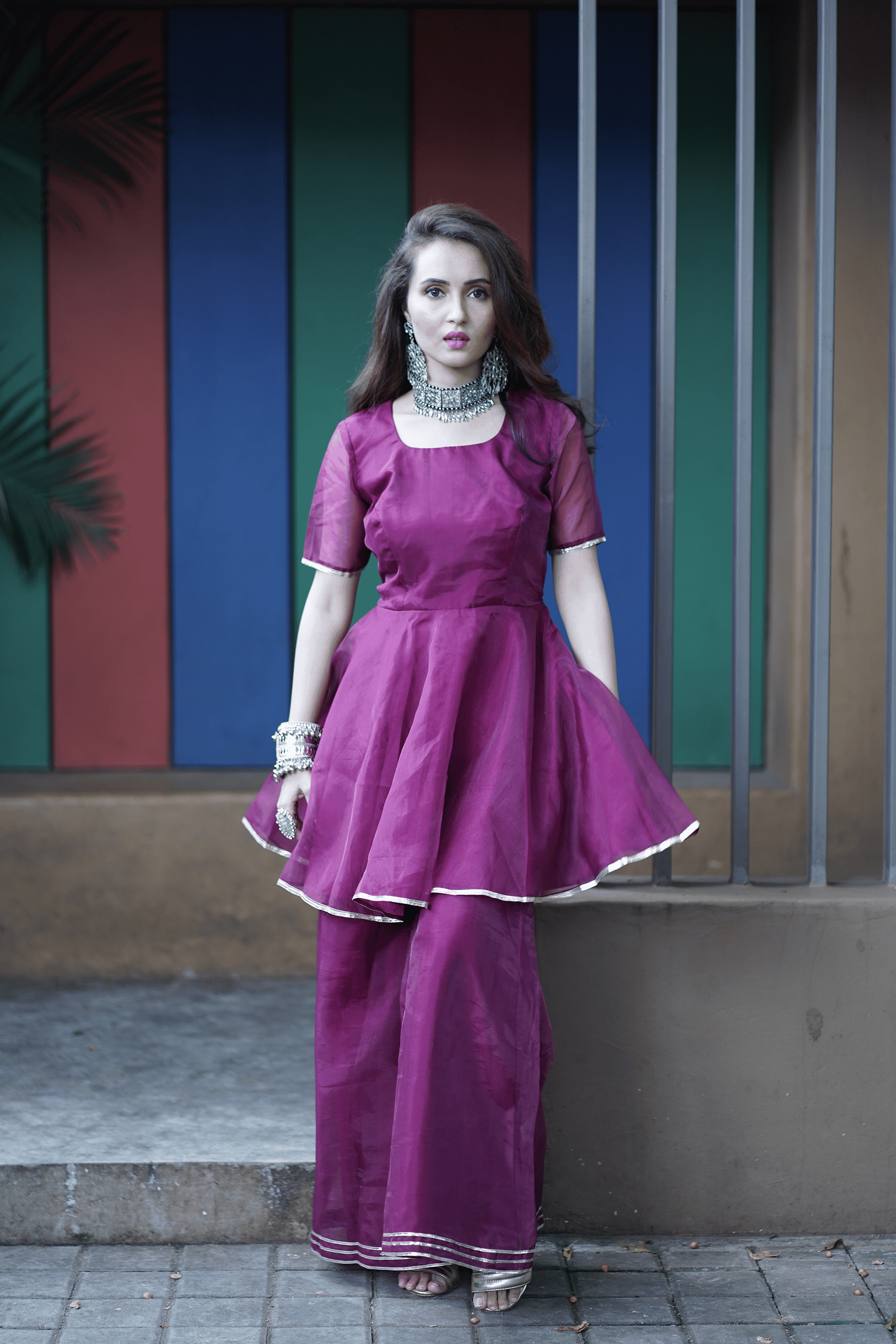Purple Organza Peplum Kurta Set for Women