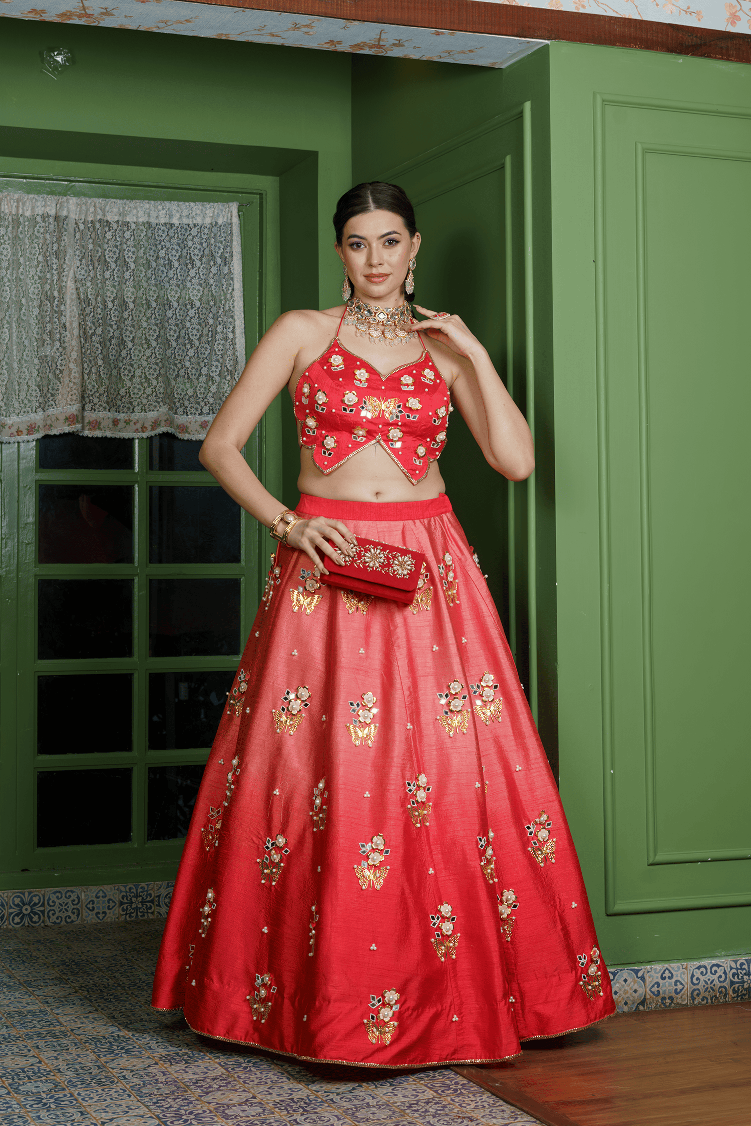 Red ombre raw silk bridal lehenga with flowing skirt