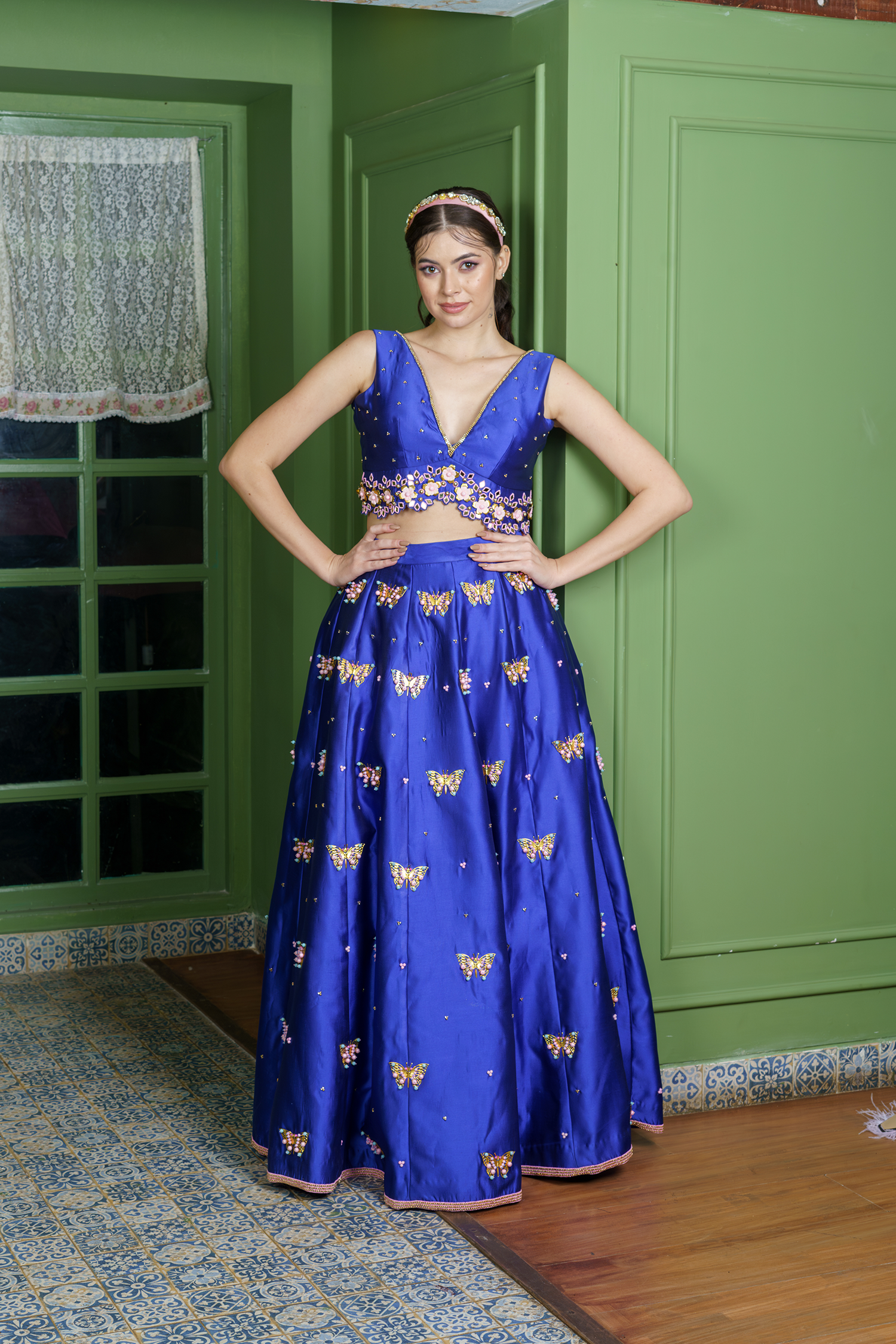 satin silk royal blue bridal lehenga