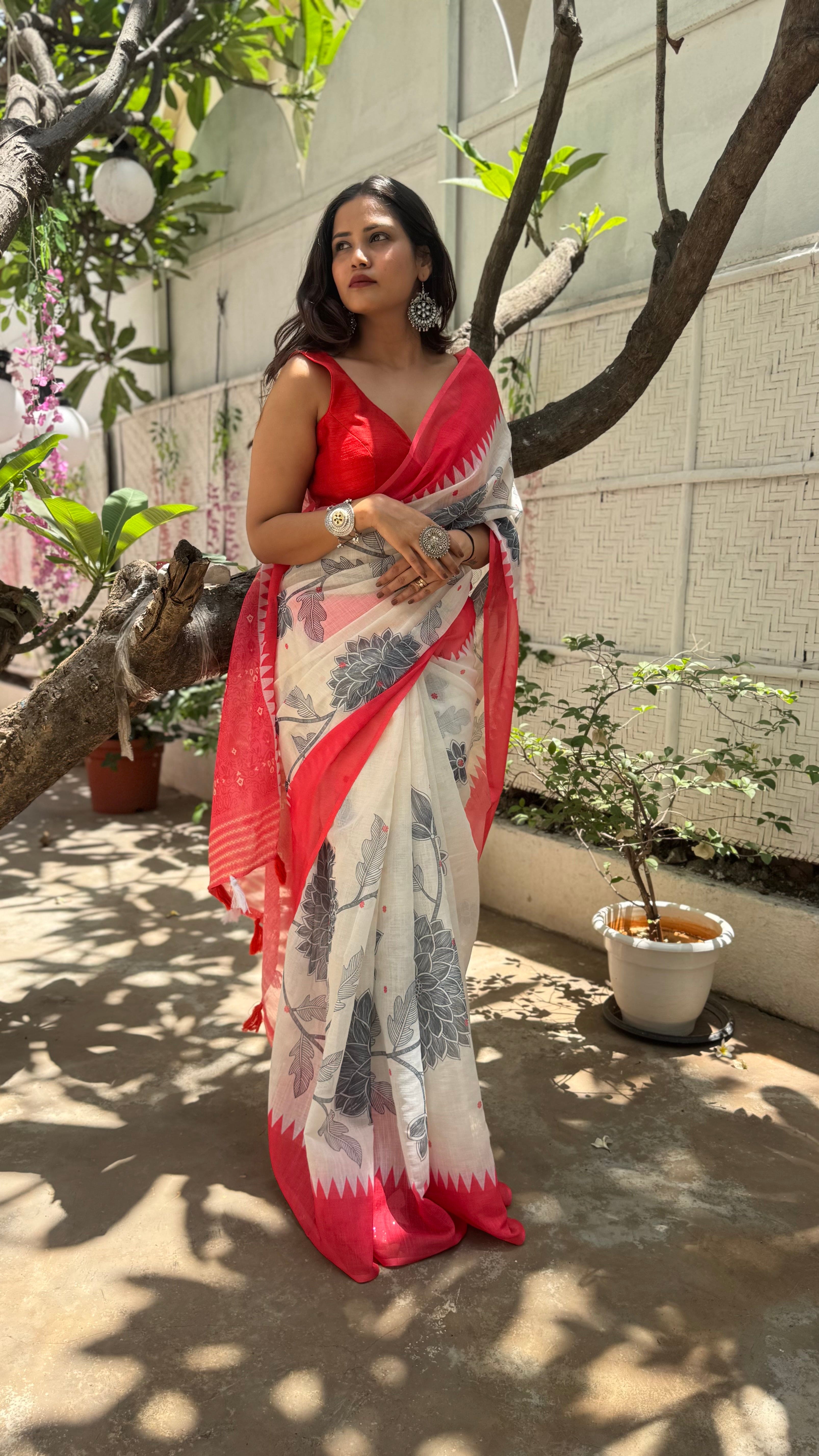 Soft White Designer Cotton Saree with Grey Flower & Leaf Print and Elegant Red Border