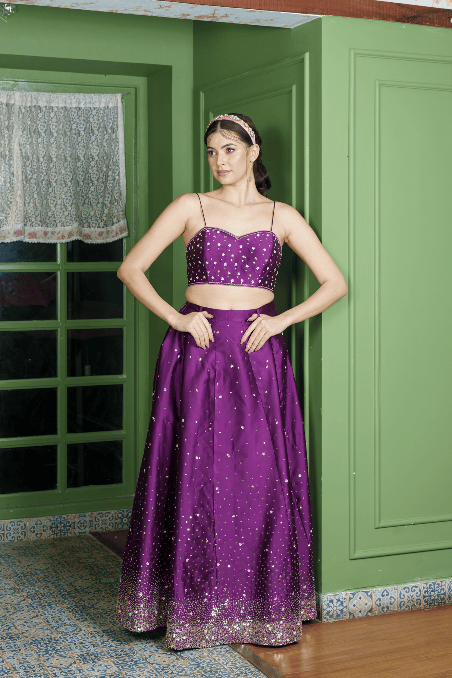 Wine colour spaghetti strap cropped blouse with embroidery lehenga