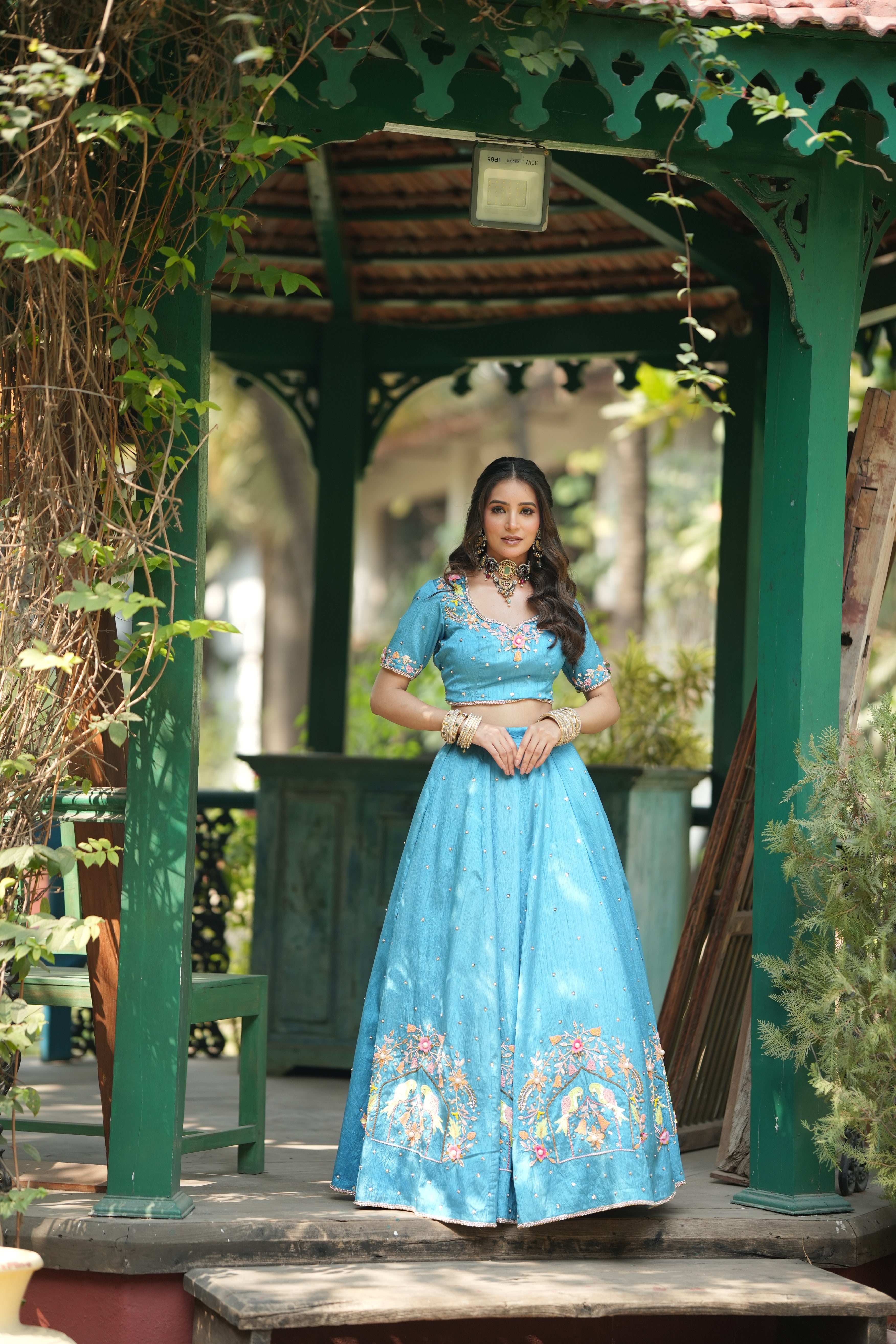 Stylish aviary bloom lehenga blouse set with Zardosi embroidery and V-neckline