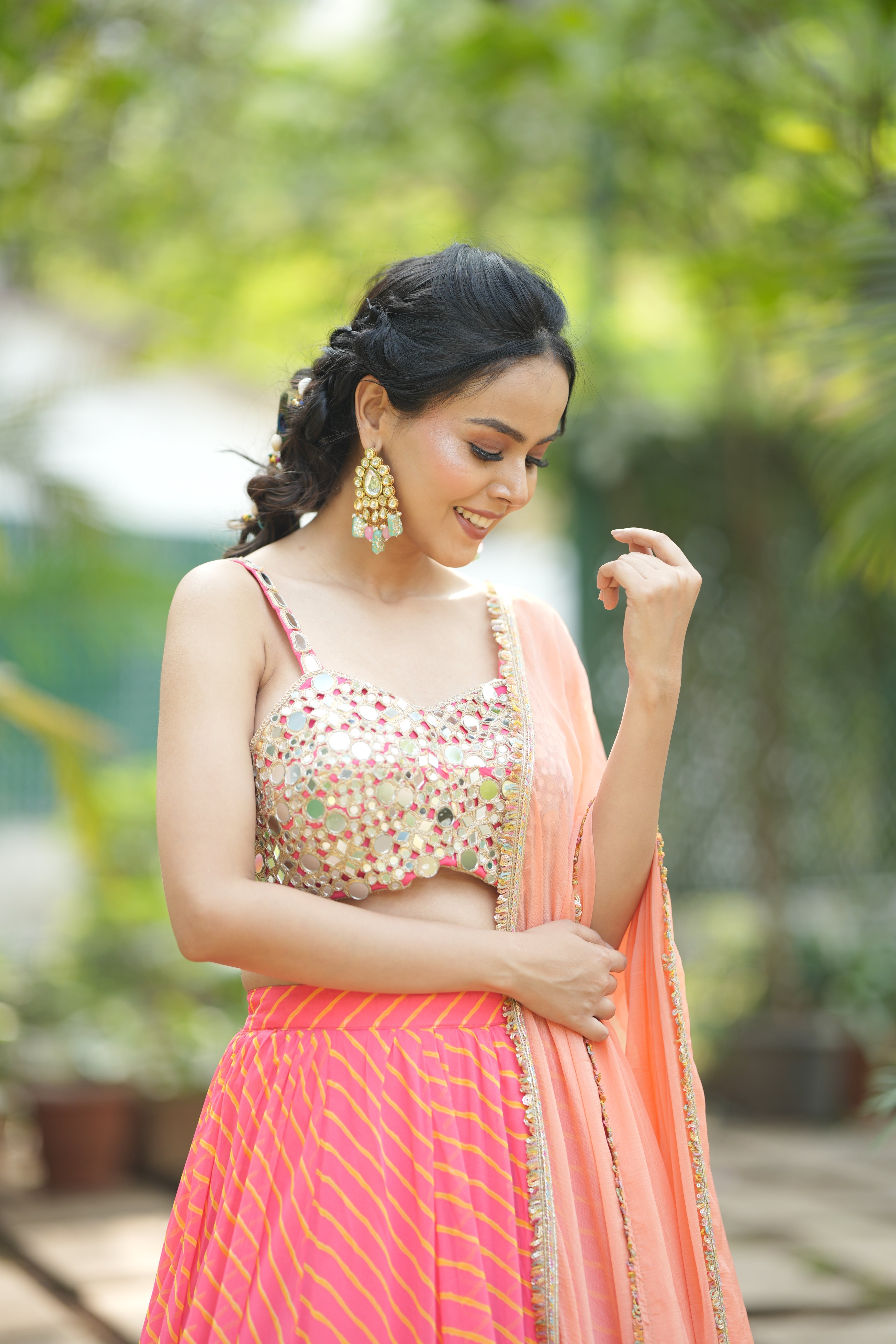 Sunset Stripes Leheria Lehenga in peach and pink with traditional Rajasthani tie-dye pattern