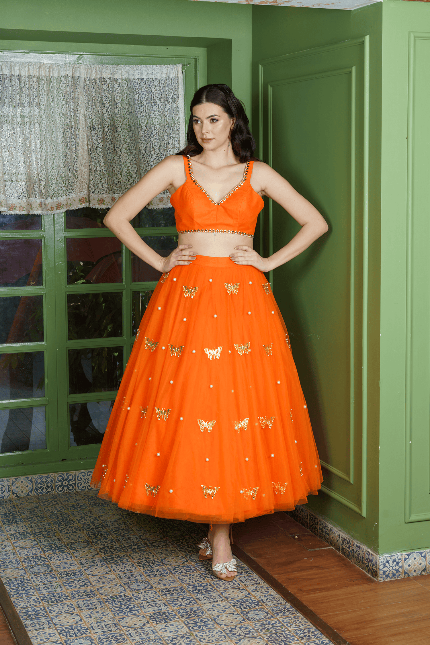 Vibrant Orange Butterfly Lehenga with Crop Top