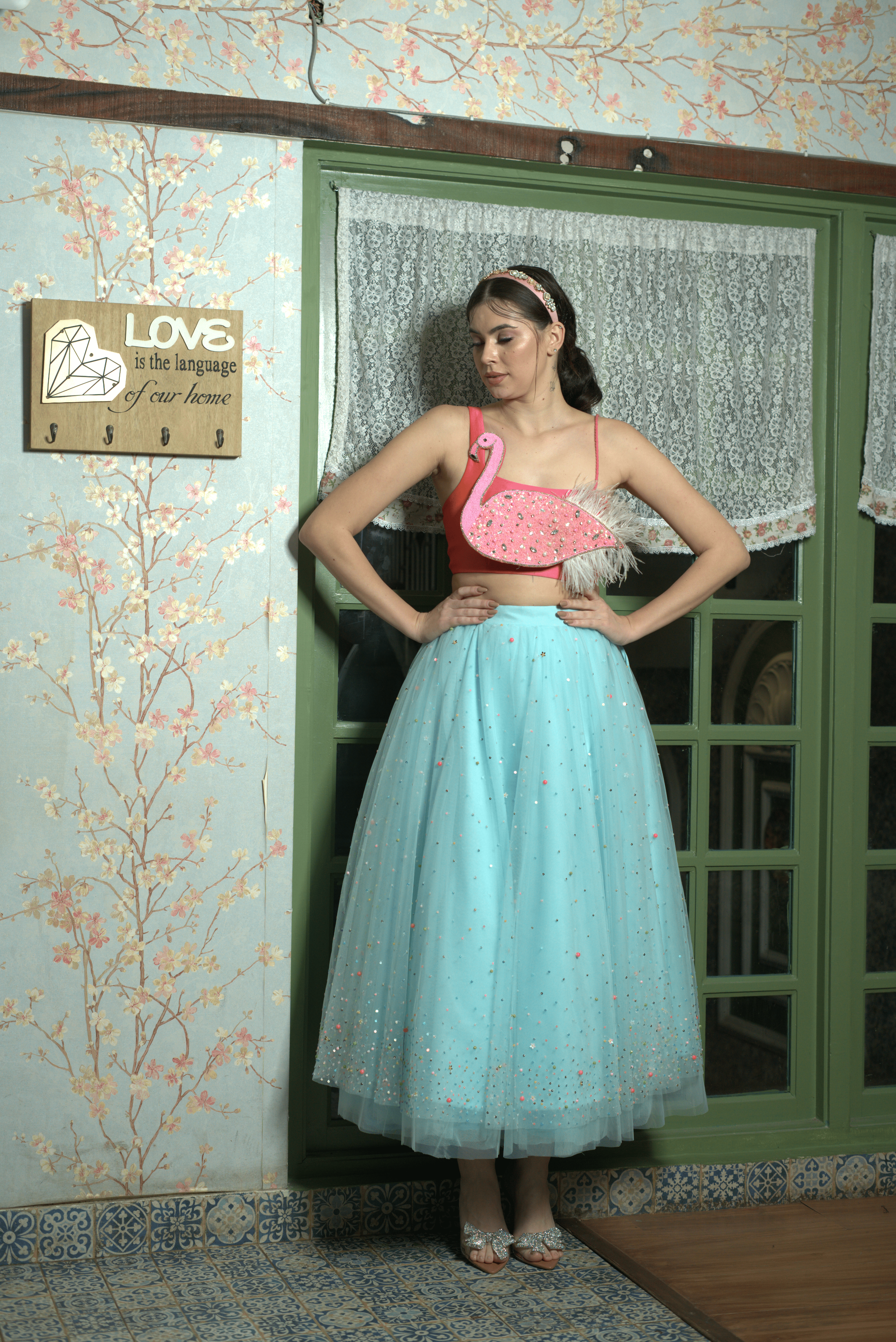 Whimsical Flamingo Lehenga – Sky‑Blue Embroidered Set