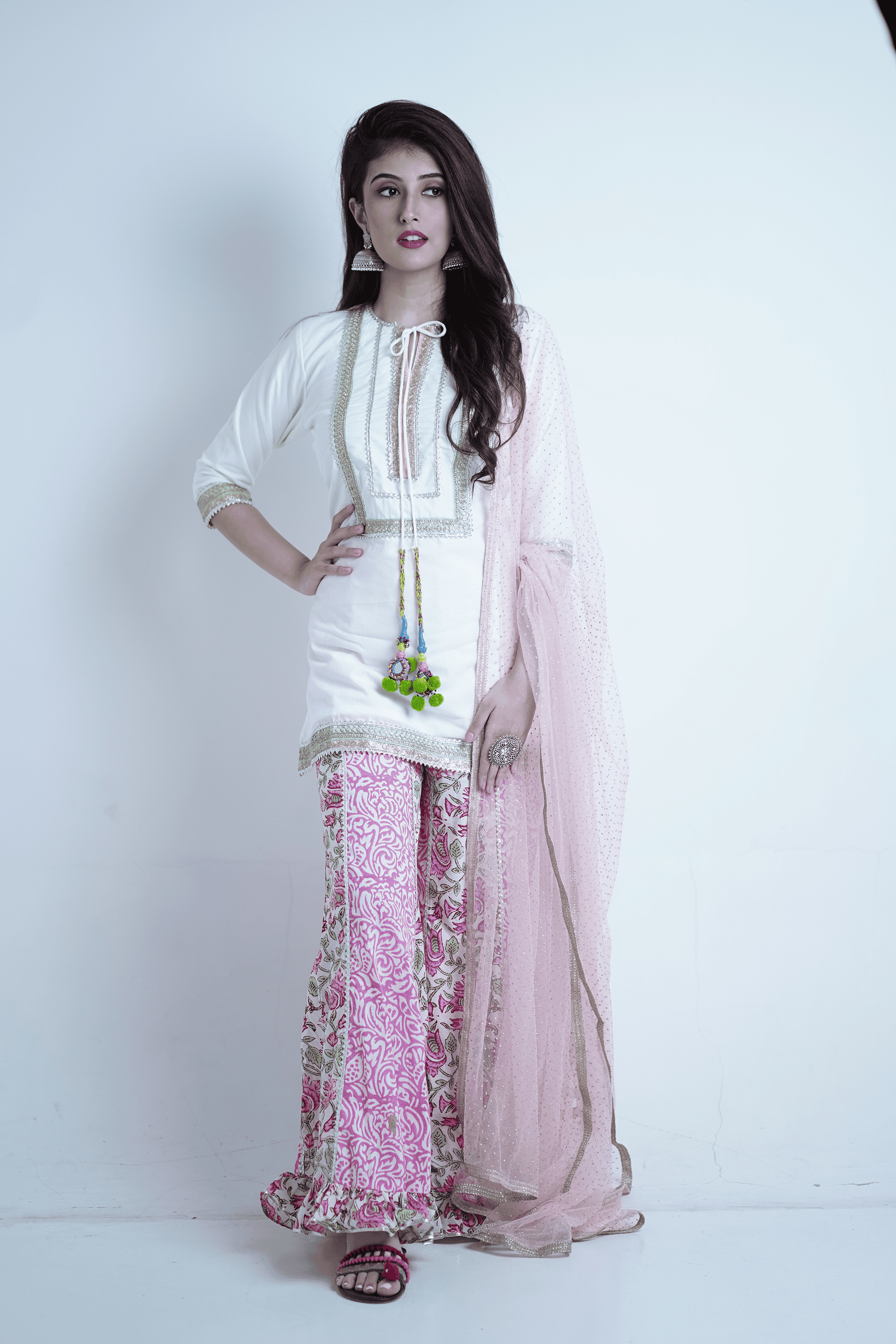White kurta with floral printed palazzo and blush pink dupatta