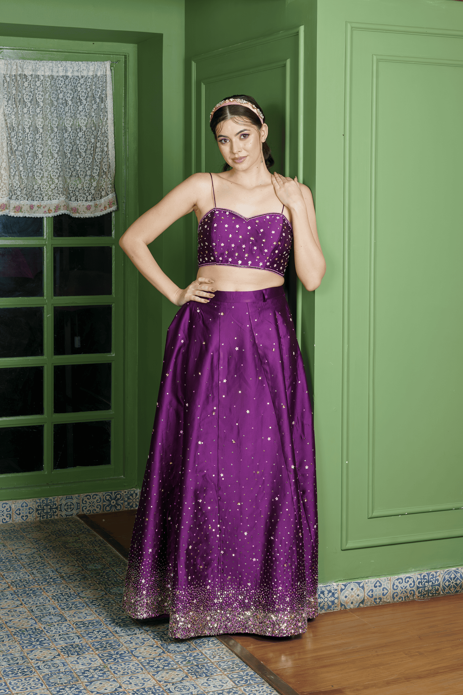 Wine Colour Silk Crop Top Lehenga Set for Women