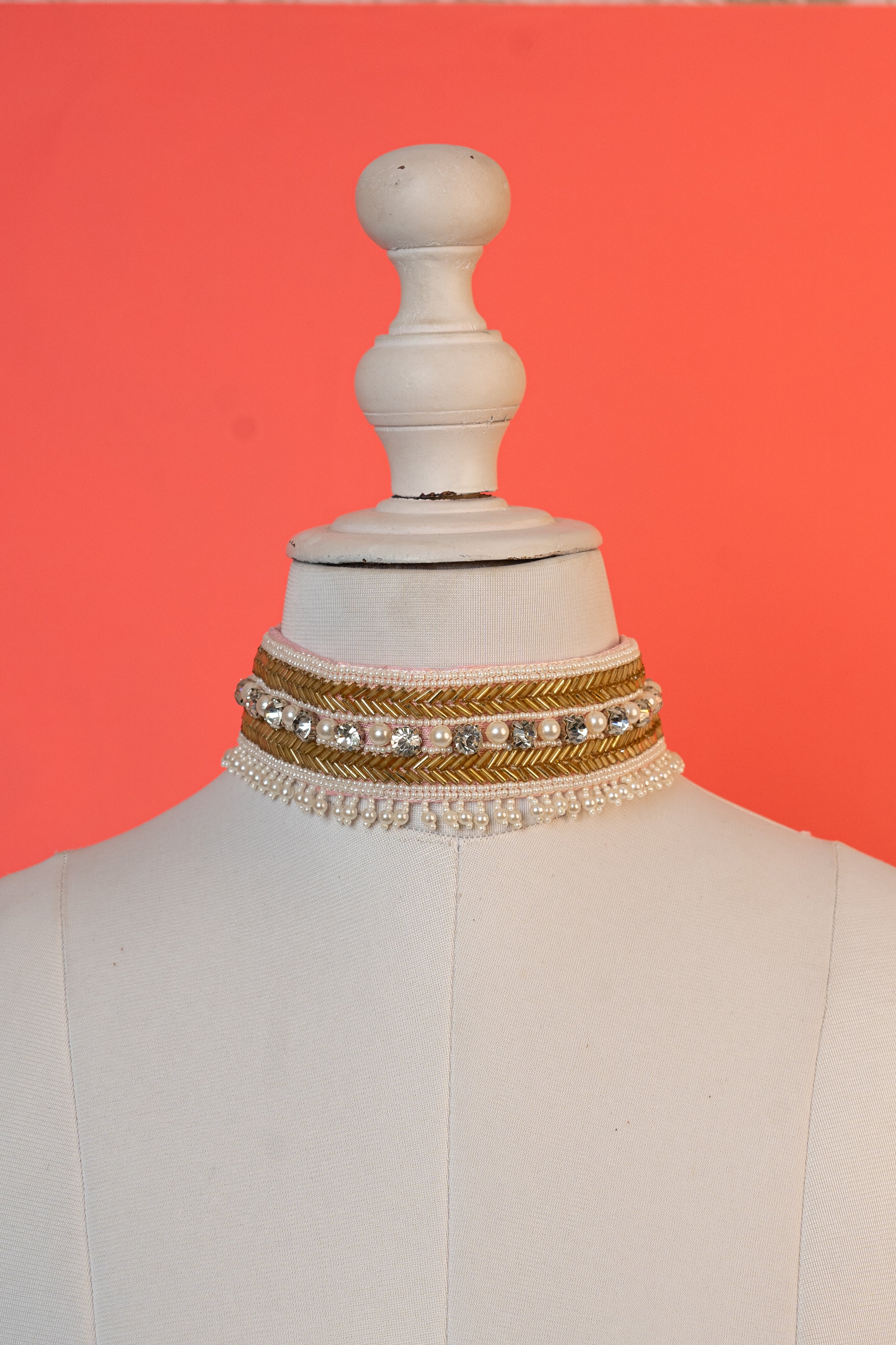 Golden & White Beads & Pearls Studded Contemporary Choker