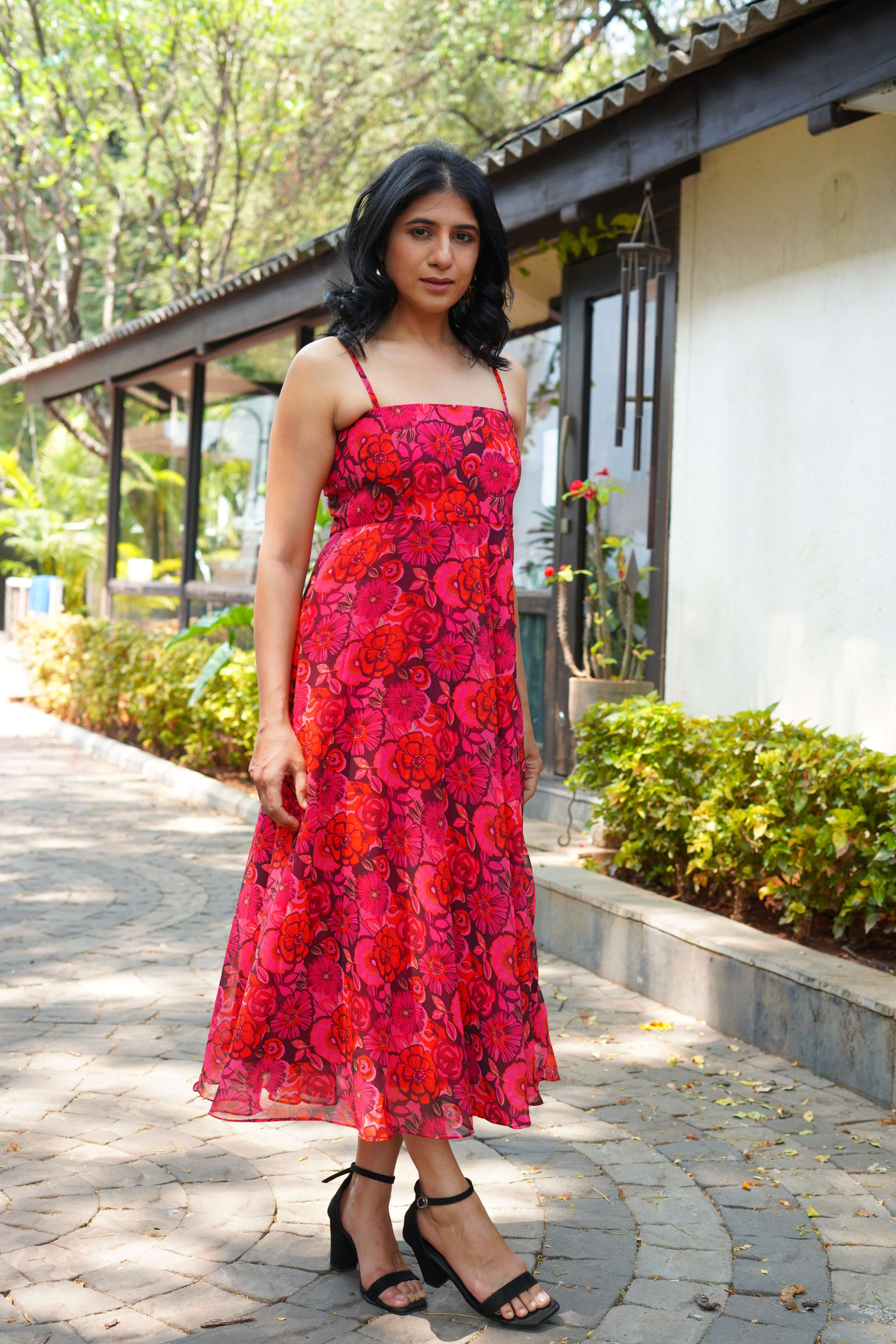 Red and Black Midi Dress