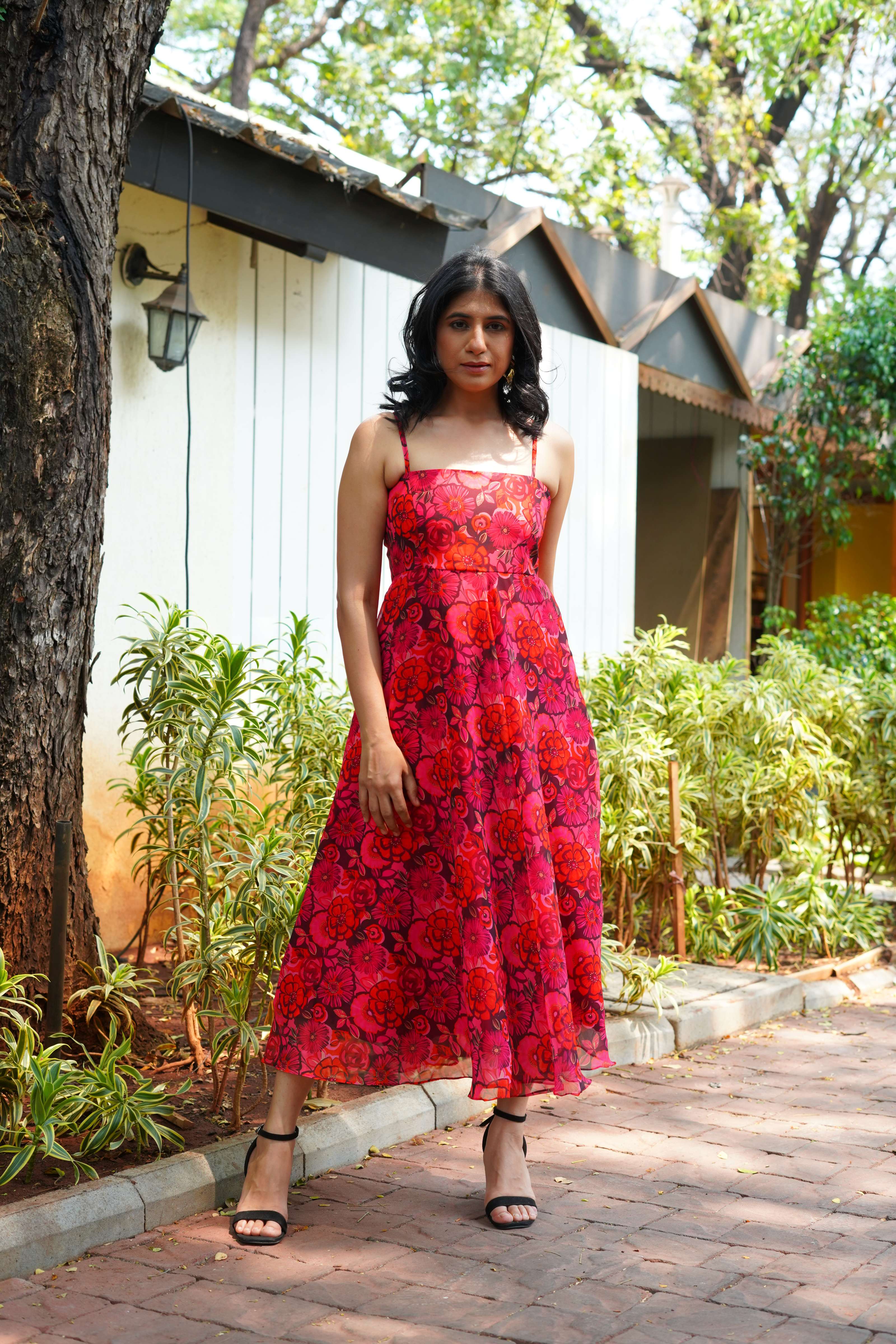 Red and Black Midi Dress
