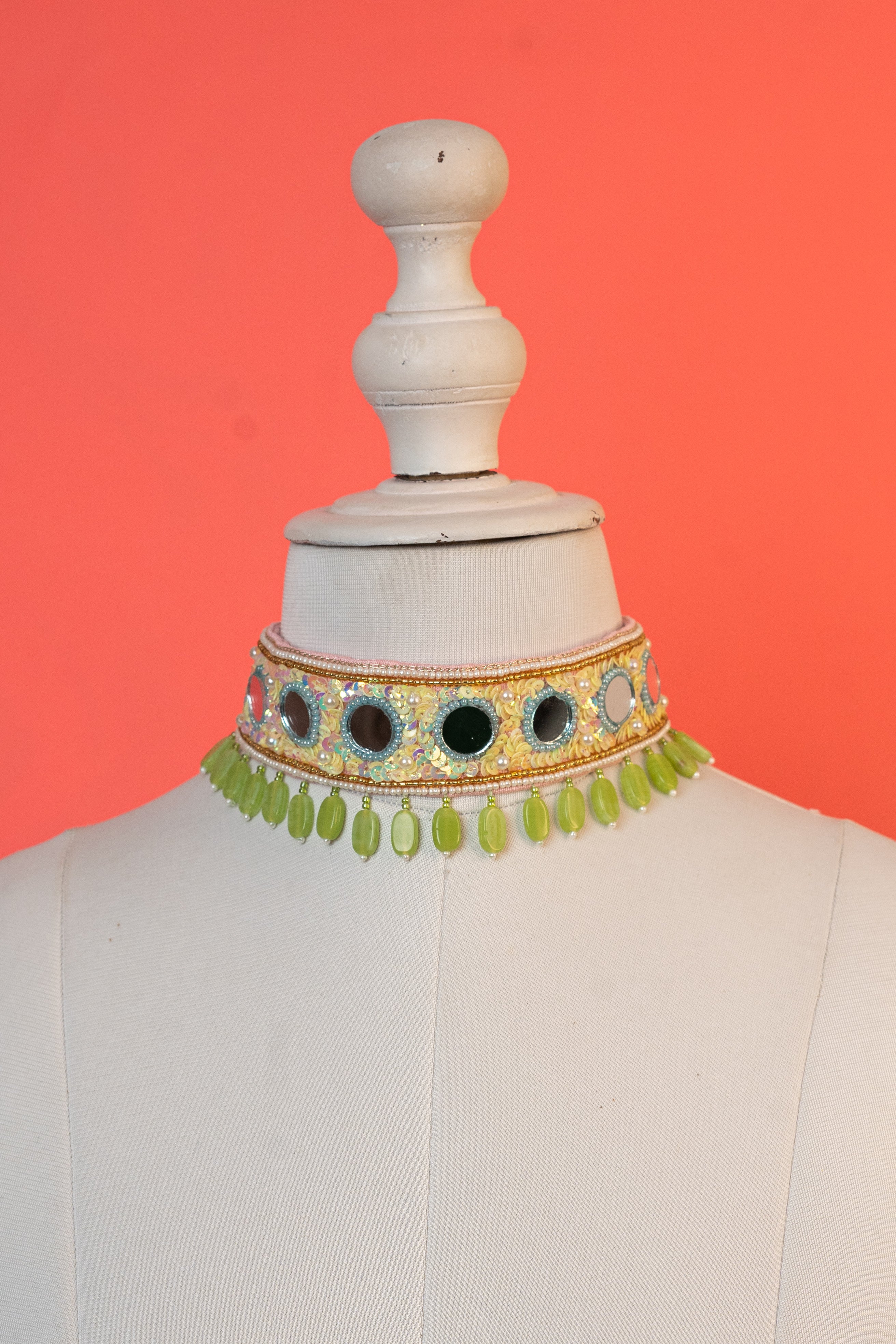 Mirror beaded choker with pearl hanging.