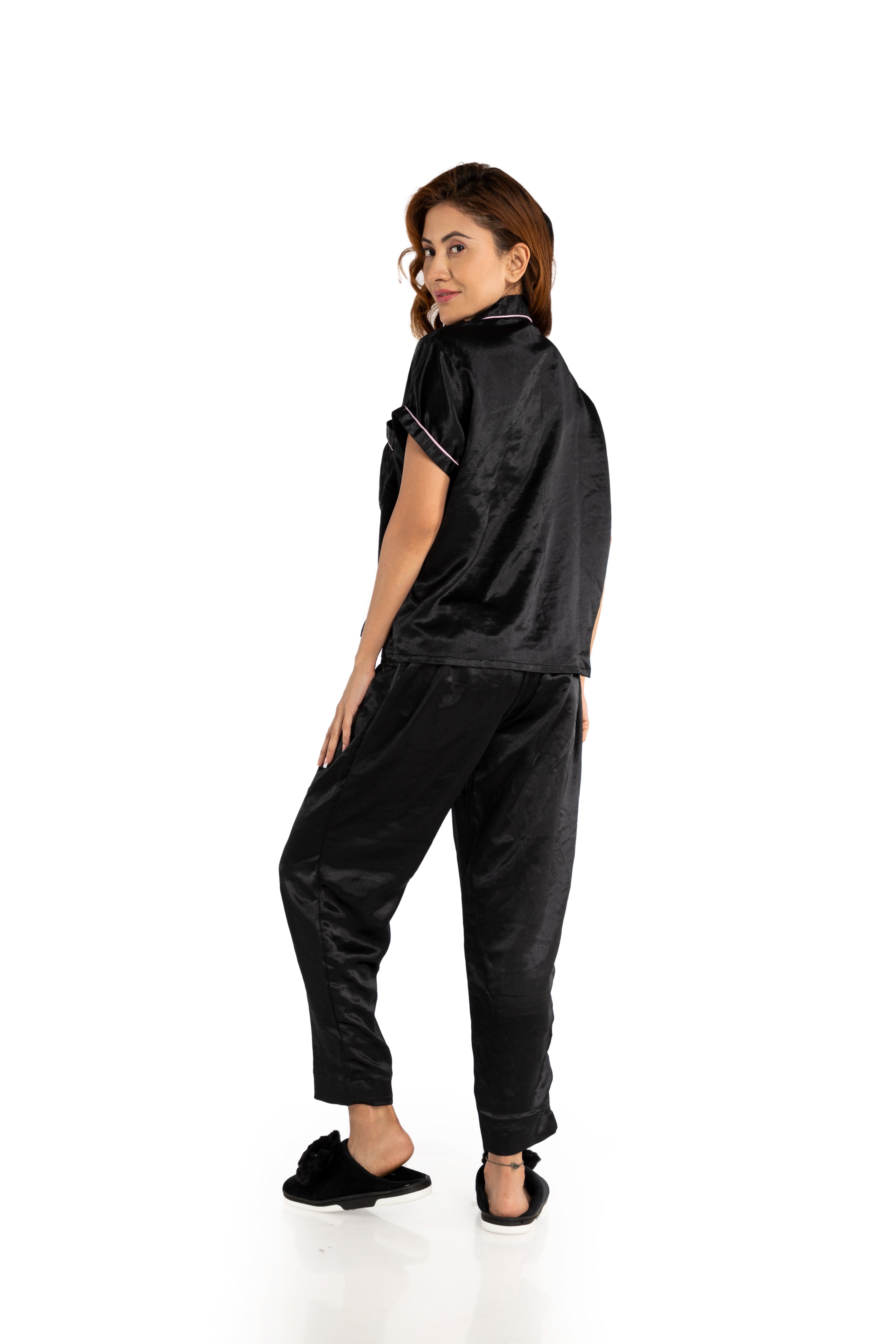 Black Full Length Satin Nightwear Set