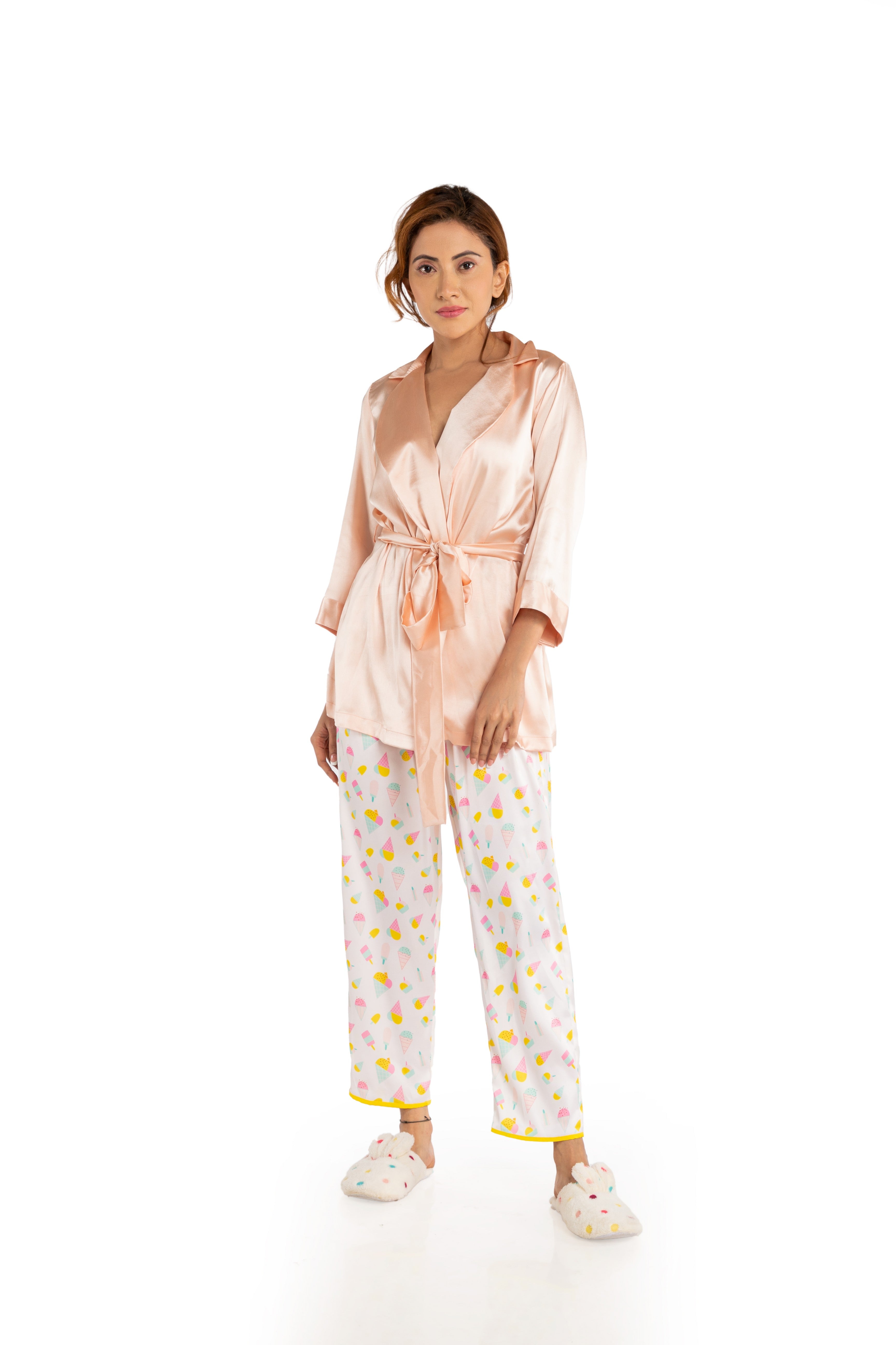 Peach Overlap Top And Printed Pants Satin Nightwear Set