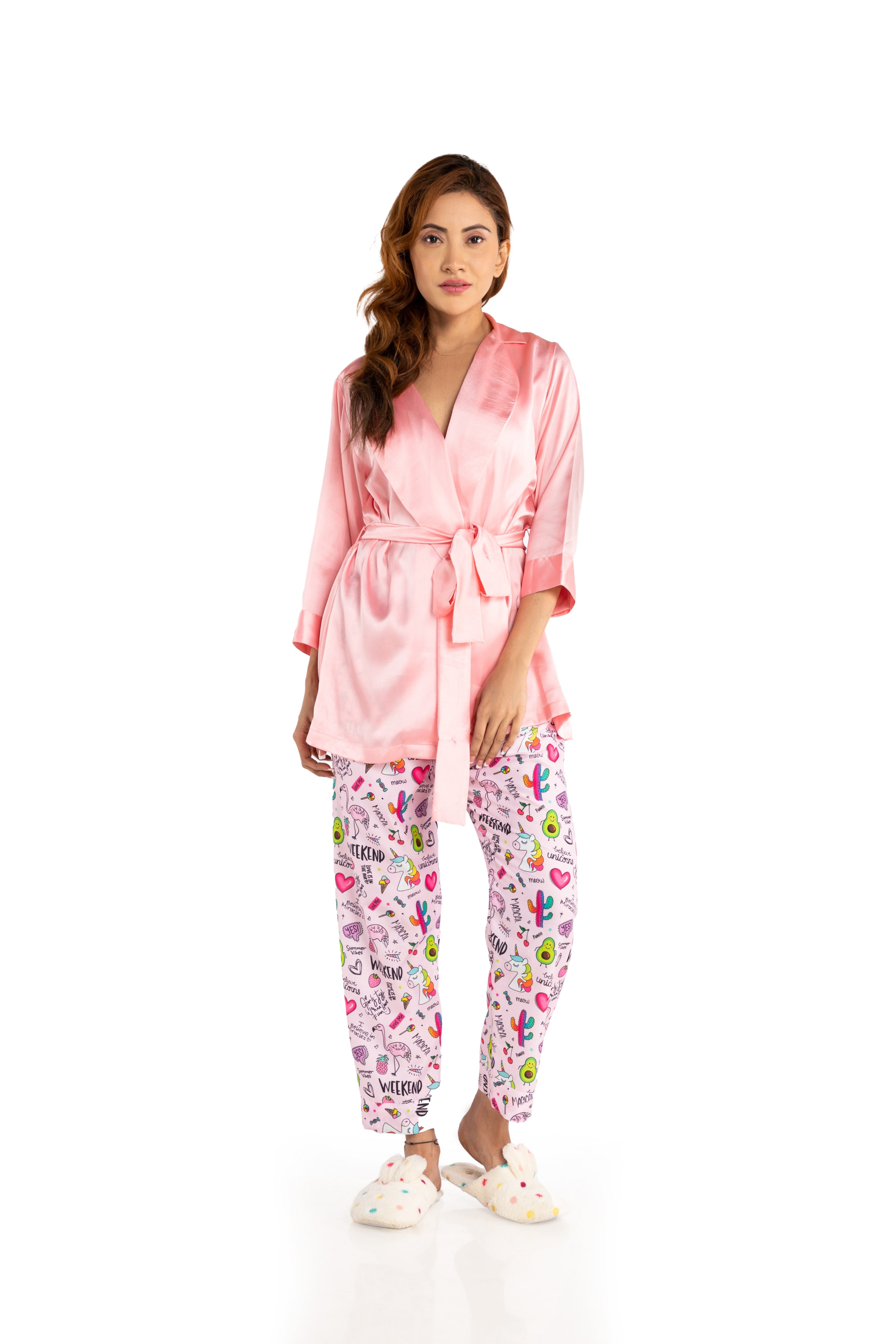Pink Satin And Printed Nightwear Set