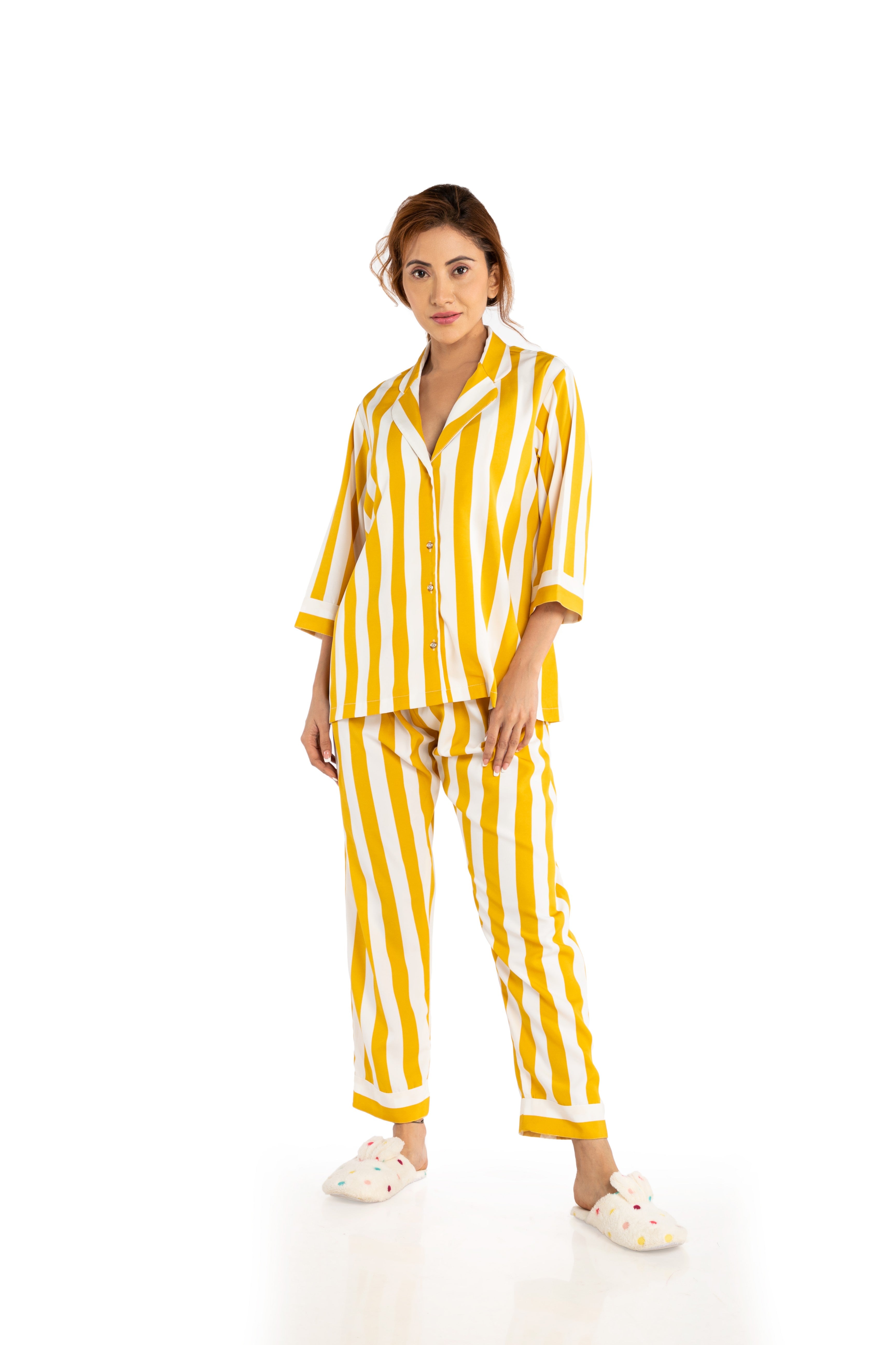 Yellow And White Stripes Nightwear Set