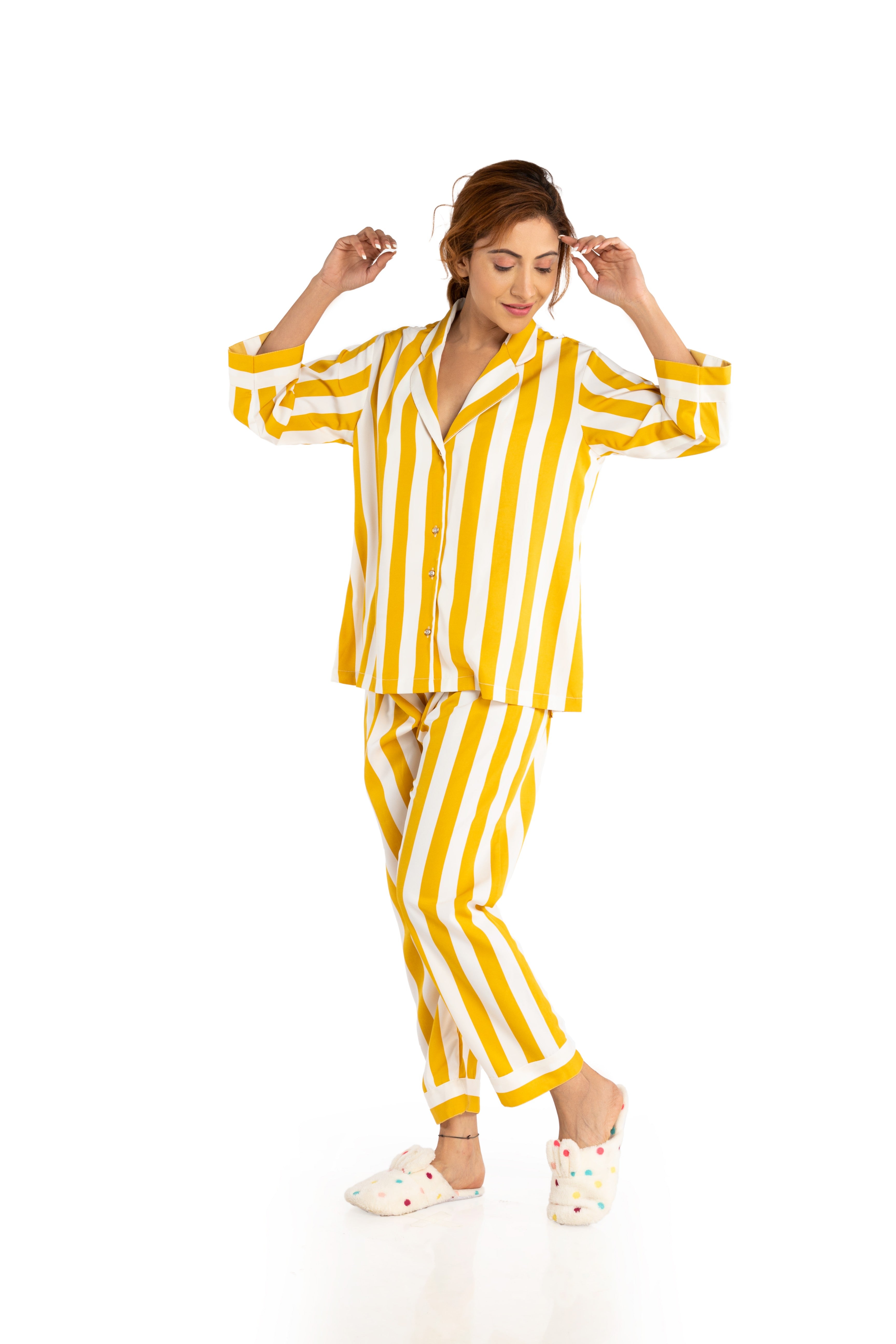 Yellow And White Stripes Nightwear Set