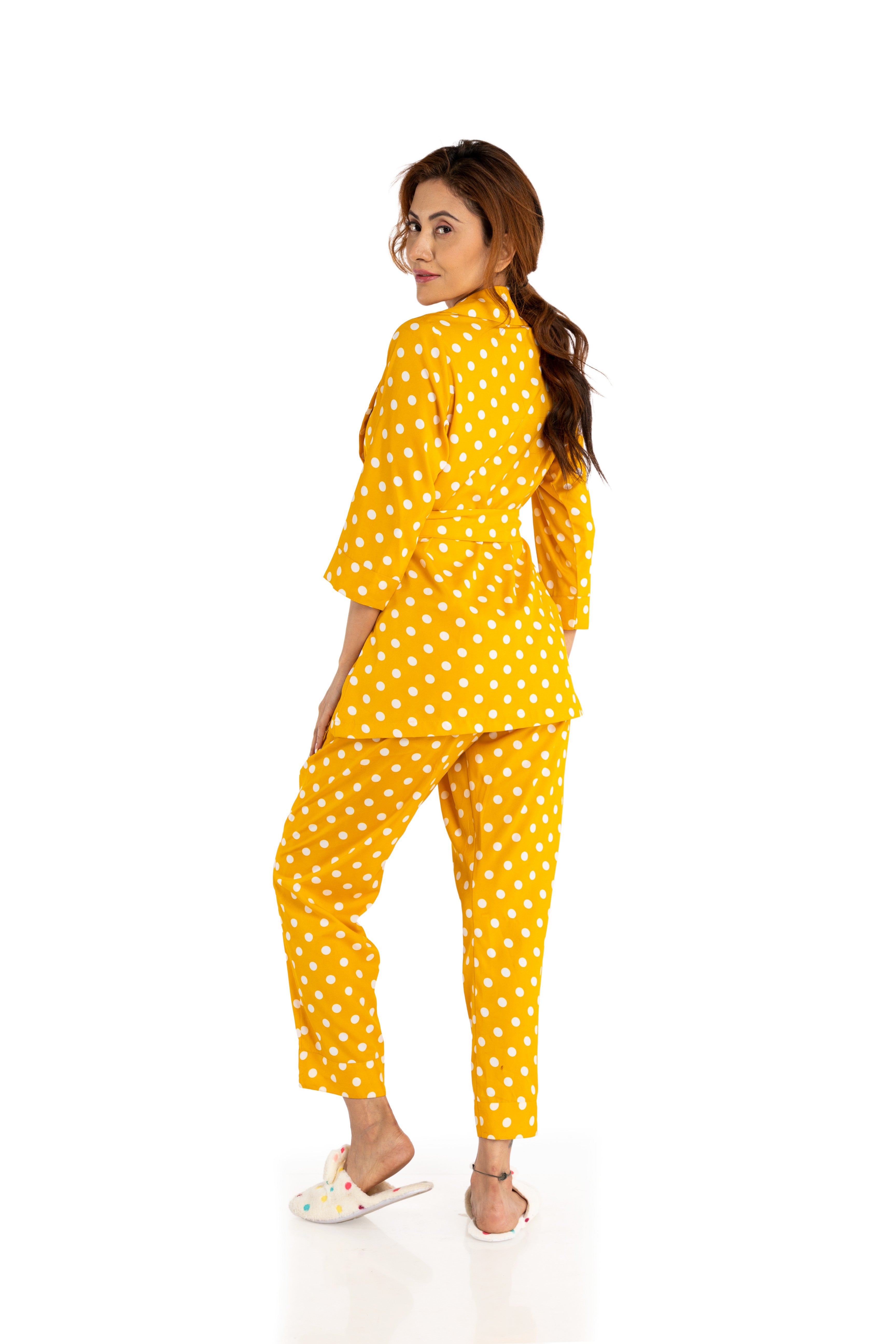 Yellow Polka Dot Overlap Nightwear Set