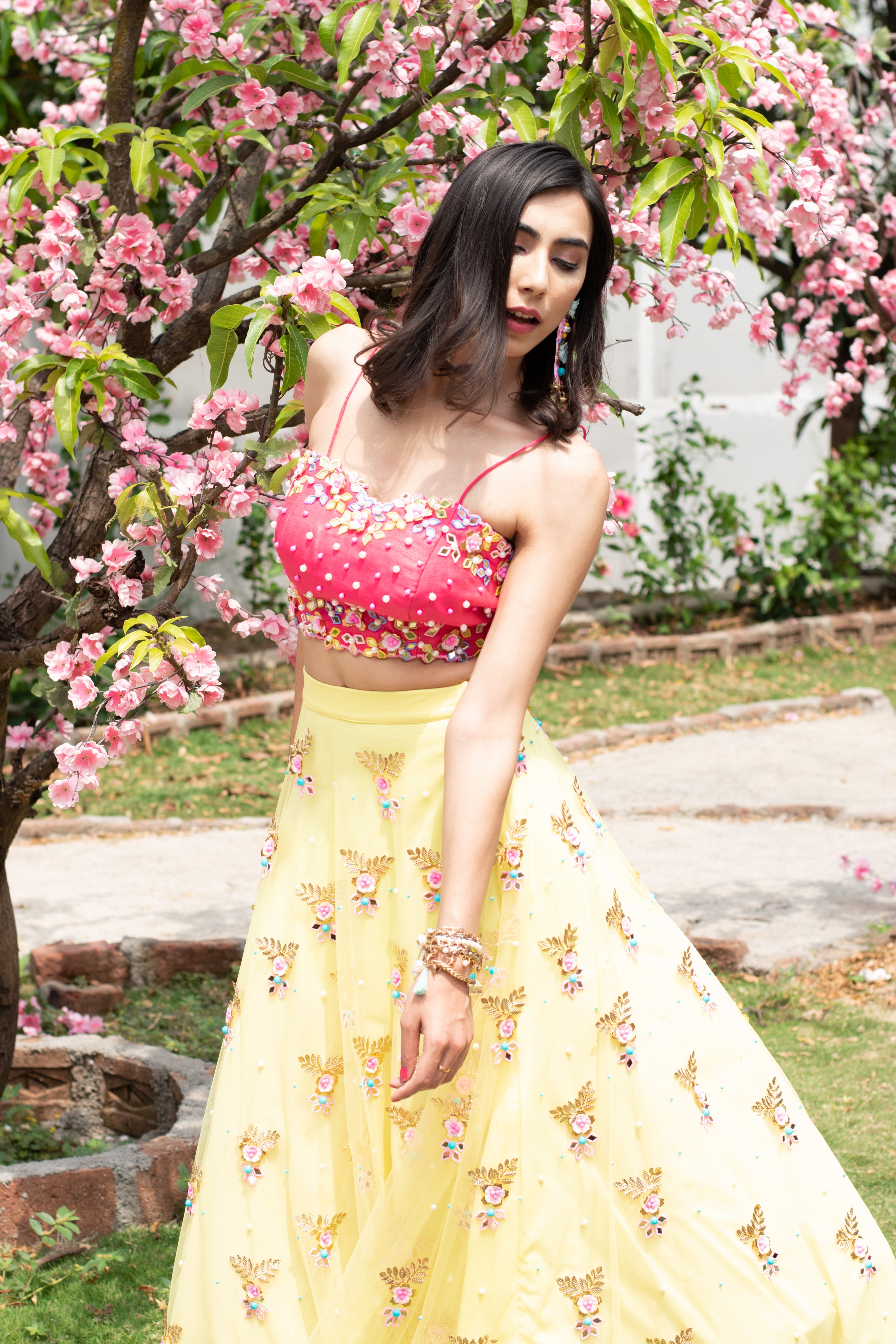 Lemon Yellow Hand Embroidered Lehenga Set