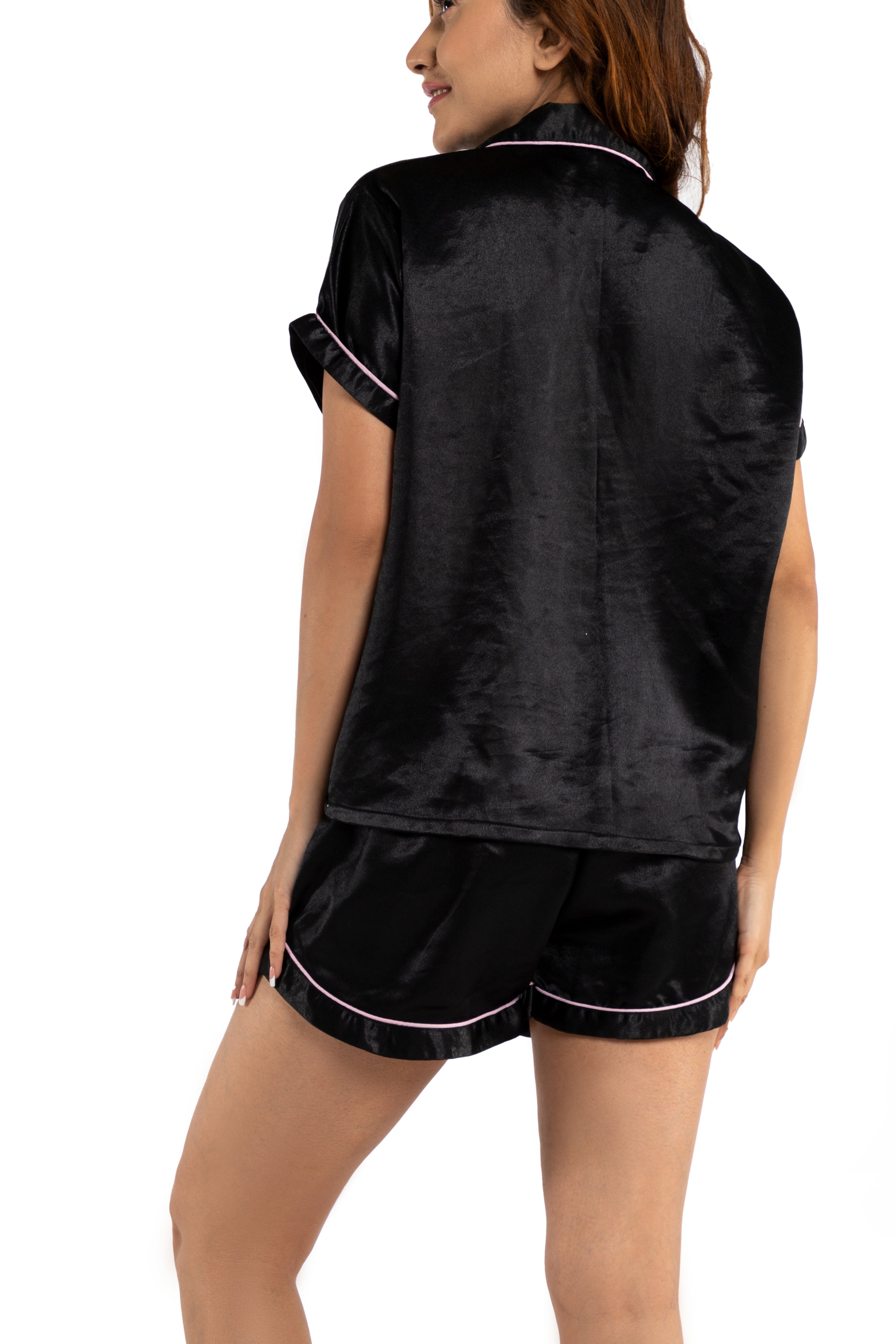 Black Short Length Satin Nightwear Set
