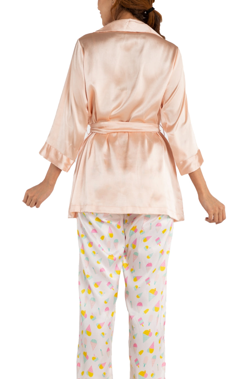 Peach Overlap Top And Printed Pants Satin Nightwear Set