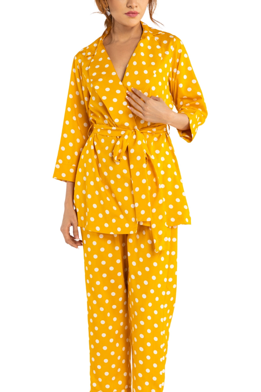 Yellow Polka Dot Overlap Nightwear Set