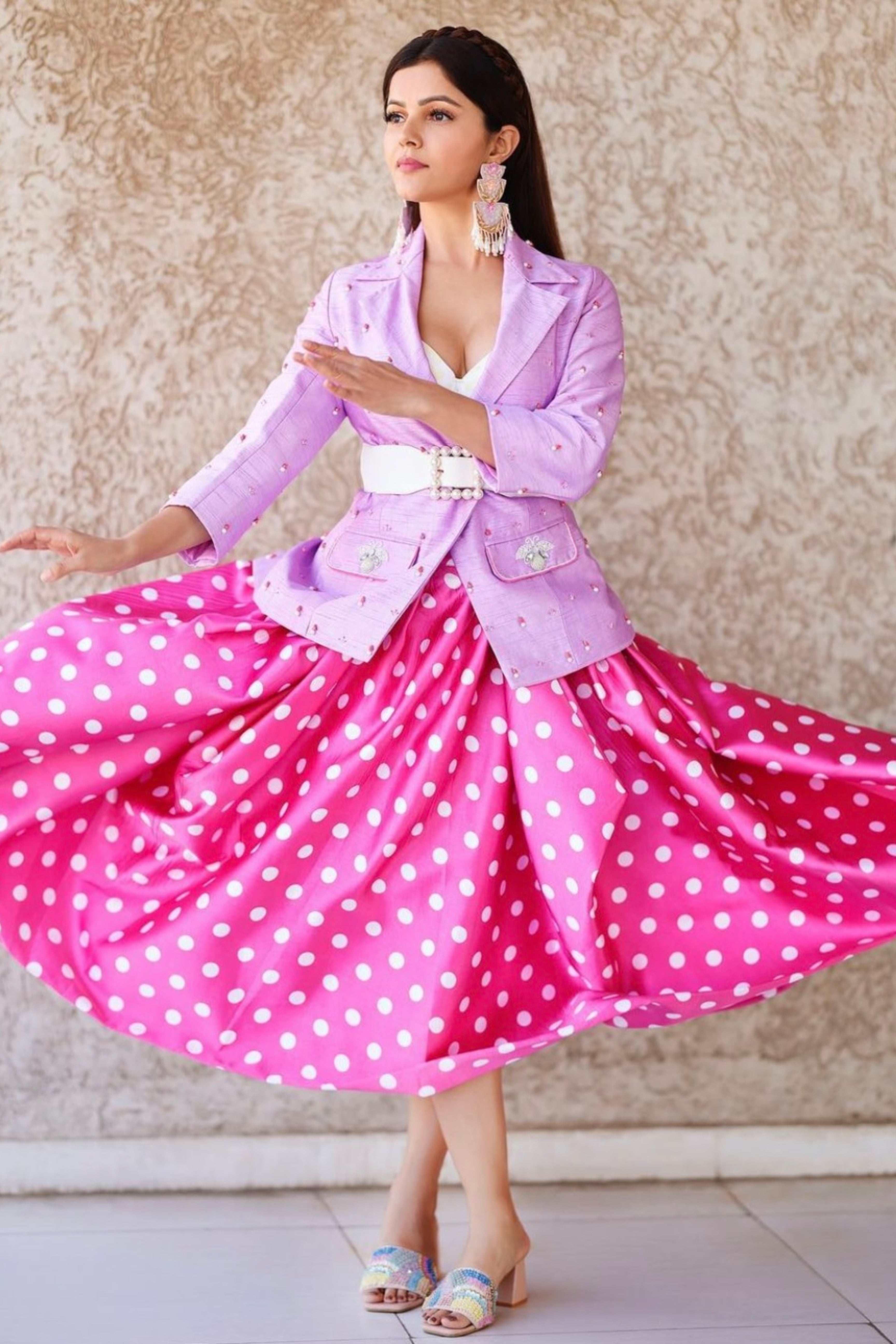 Pink Polka Dot Skirt And Blazer Set