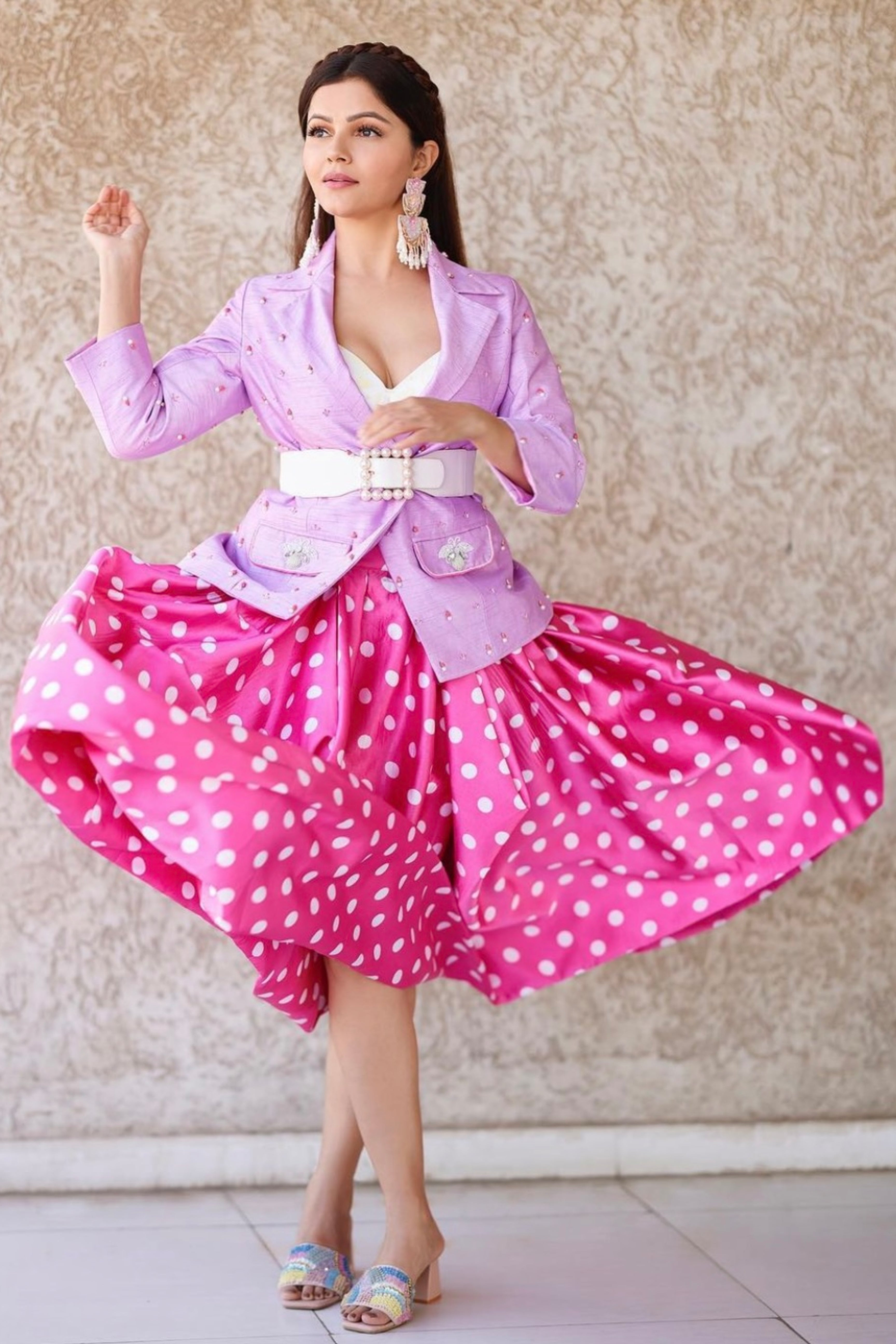 Pink Polka Dot Skirt And Blazer Set