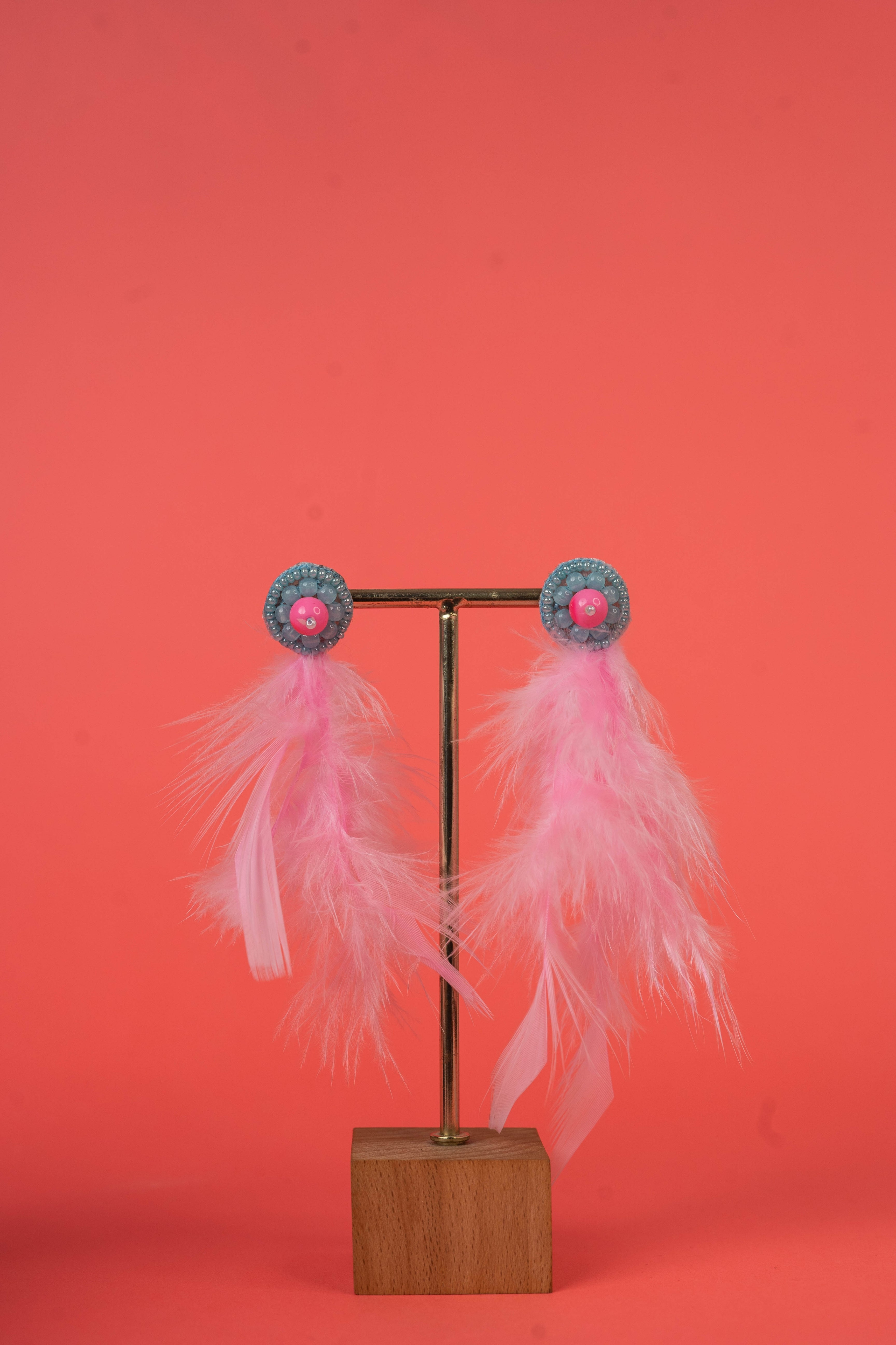 Pink feather beaded earrings