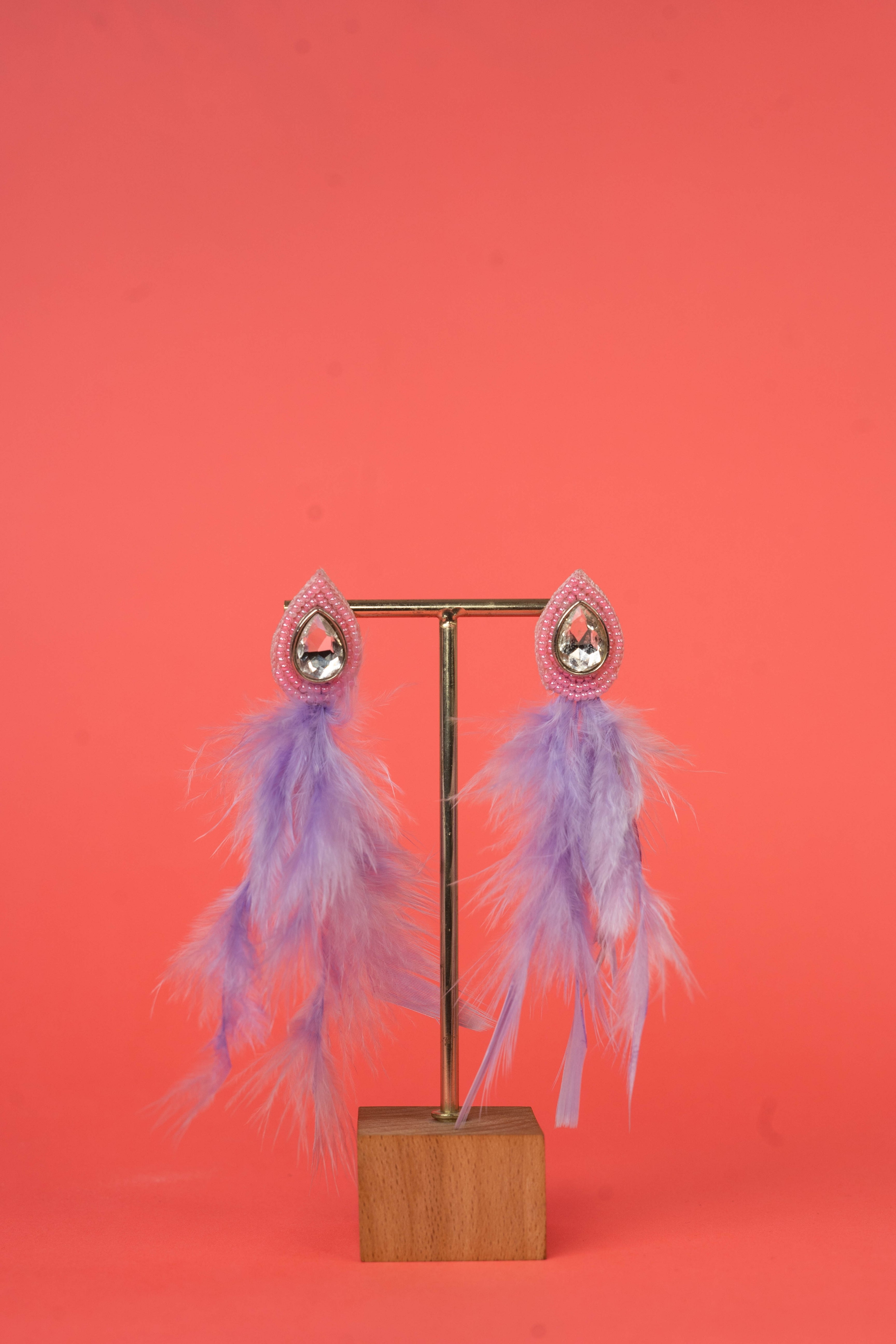 Lilac feather kundan beaded earrings