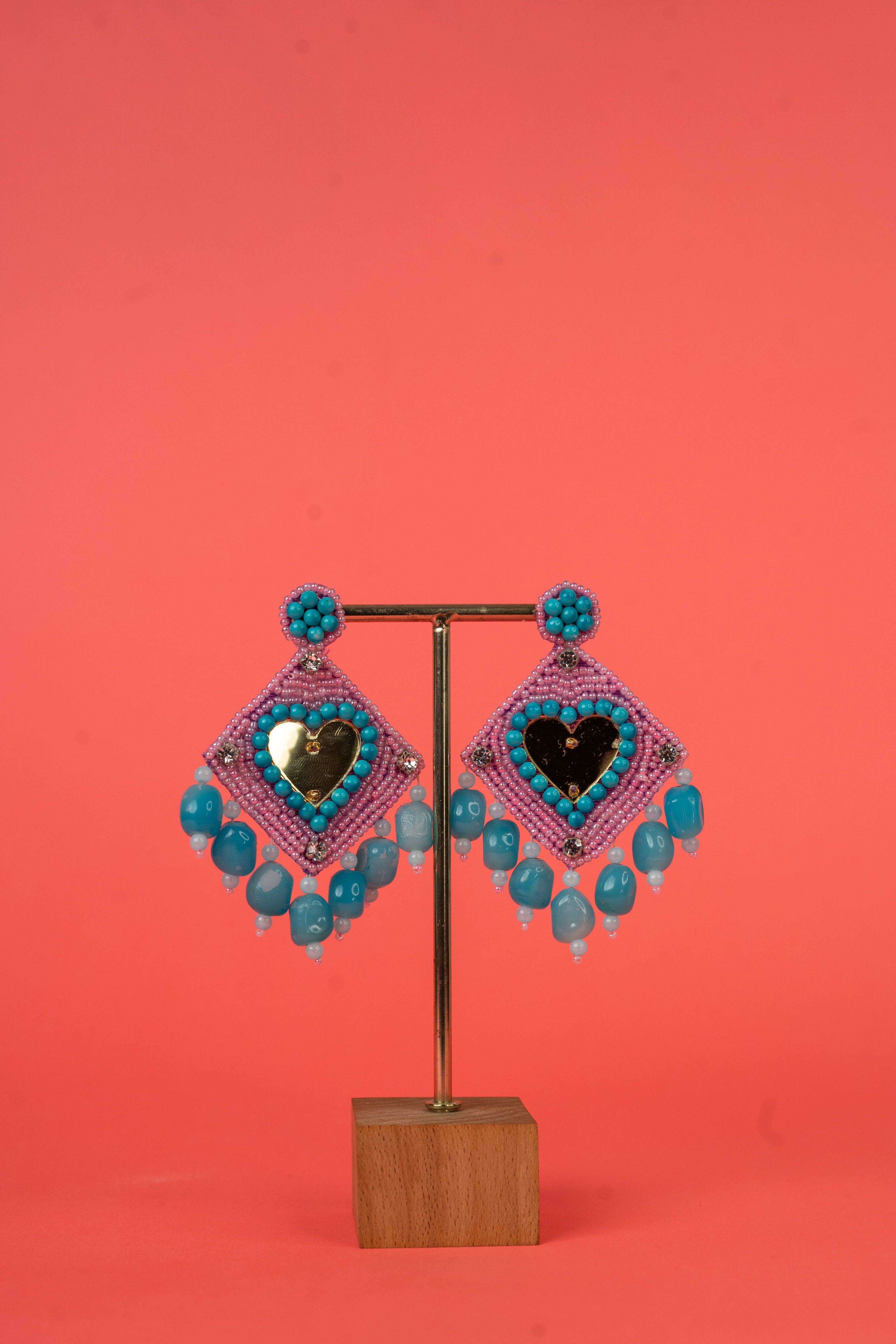 Blue mirror beaded tassel drop earrings