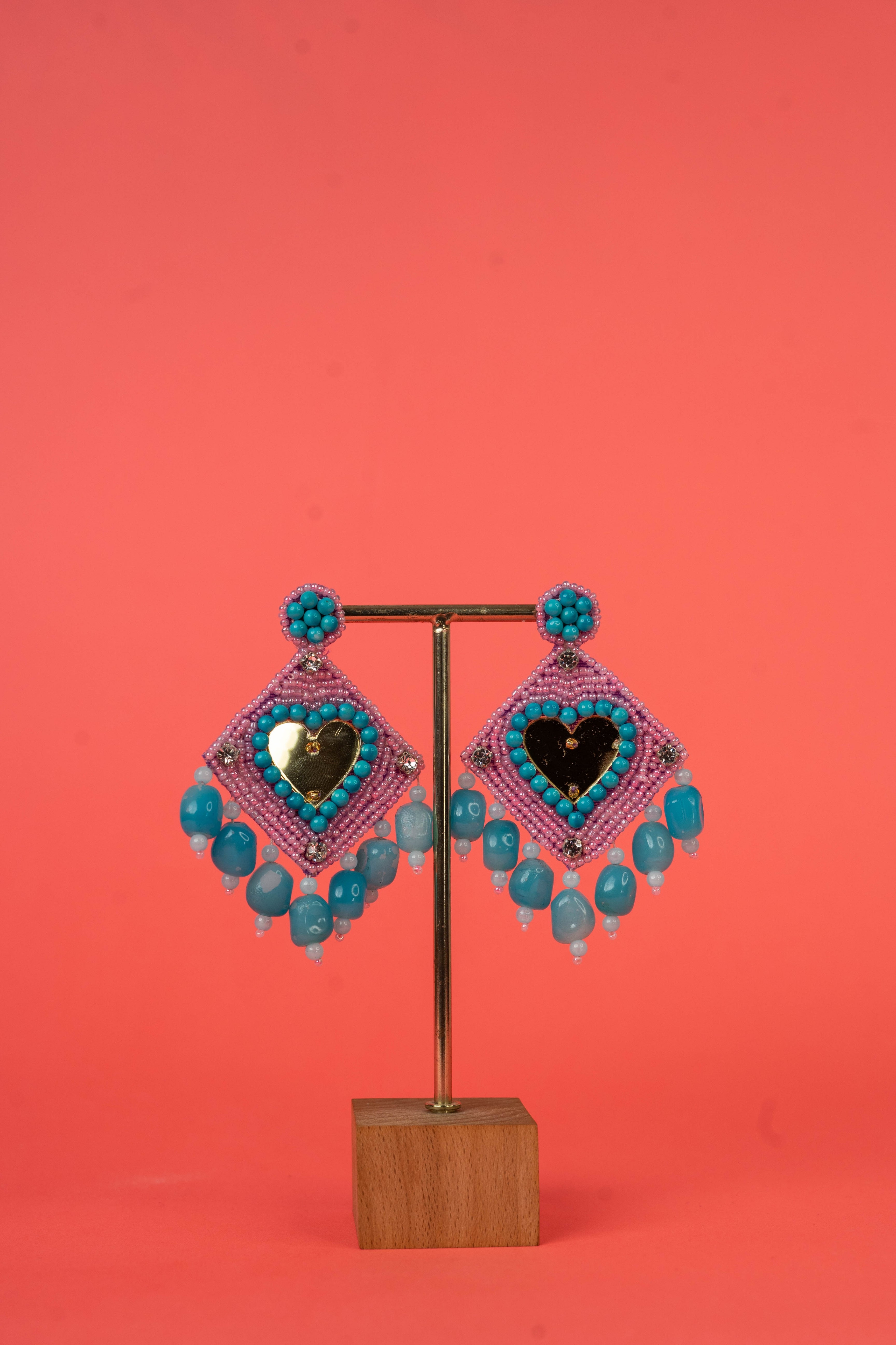 Blue mirror beaded tassel drop earrings