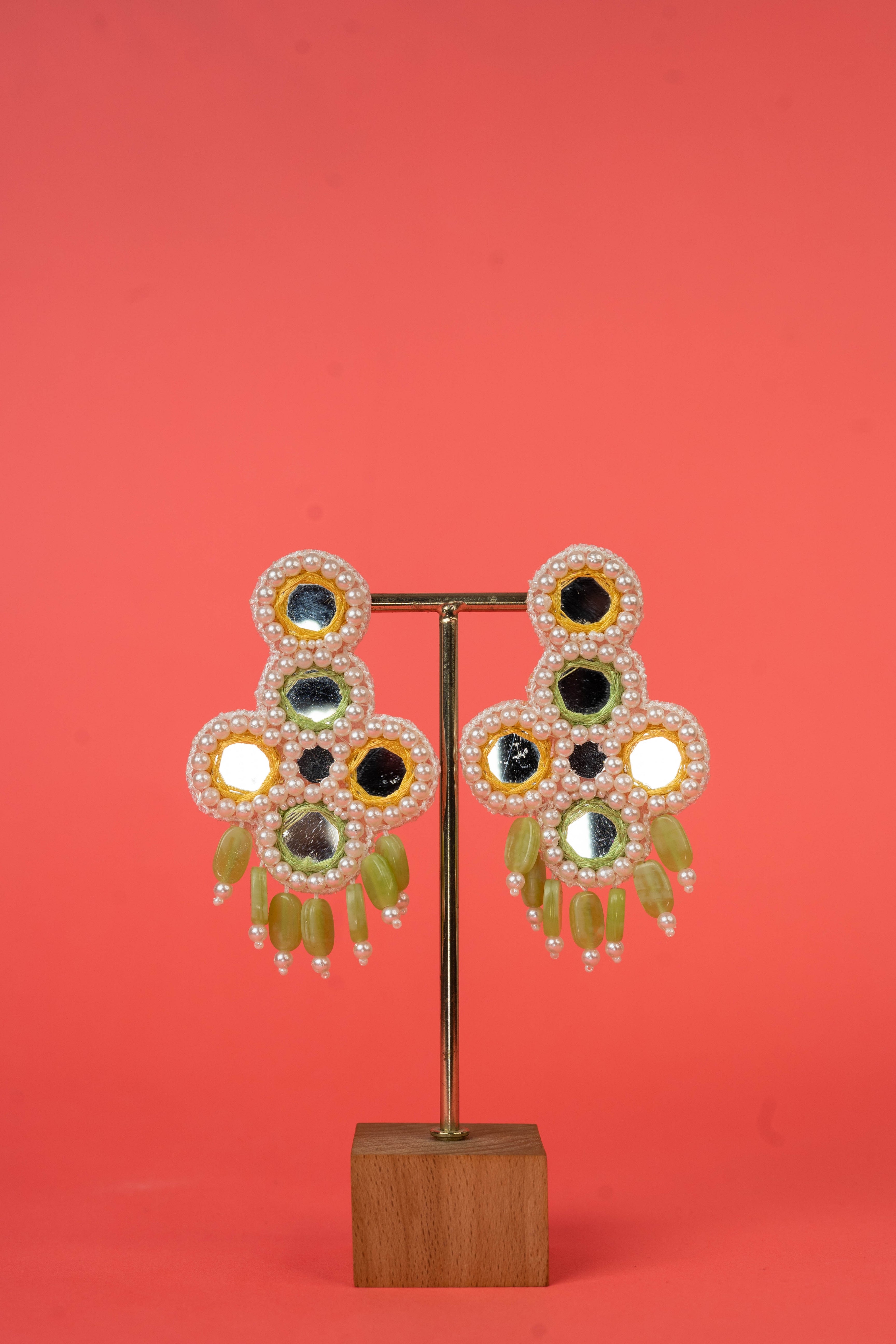 Yellow And Green Mirror Beaded Handcrafted Earrings