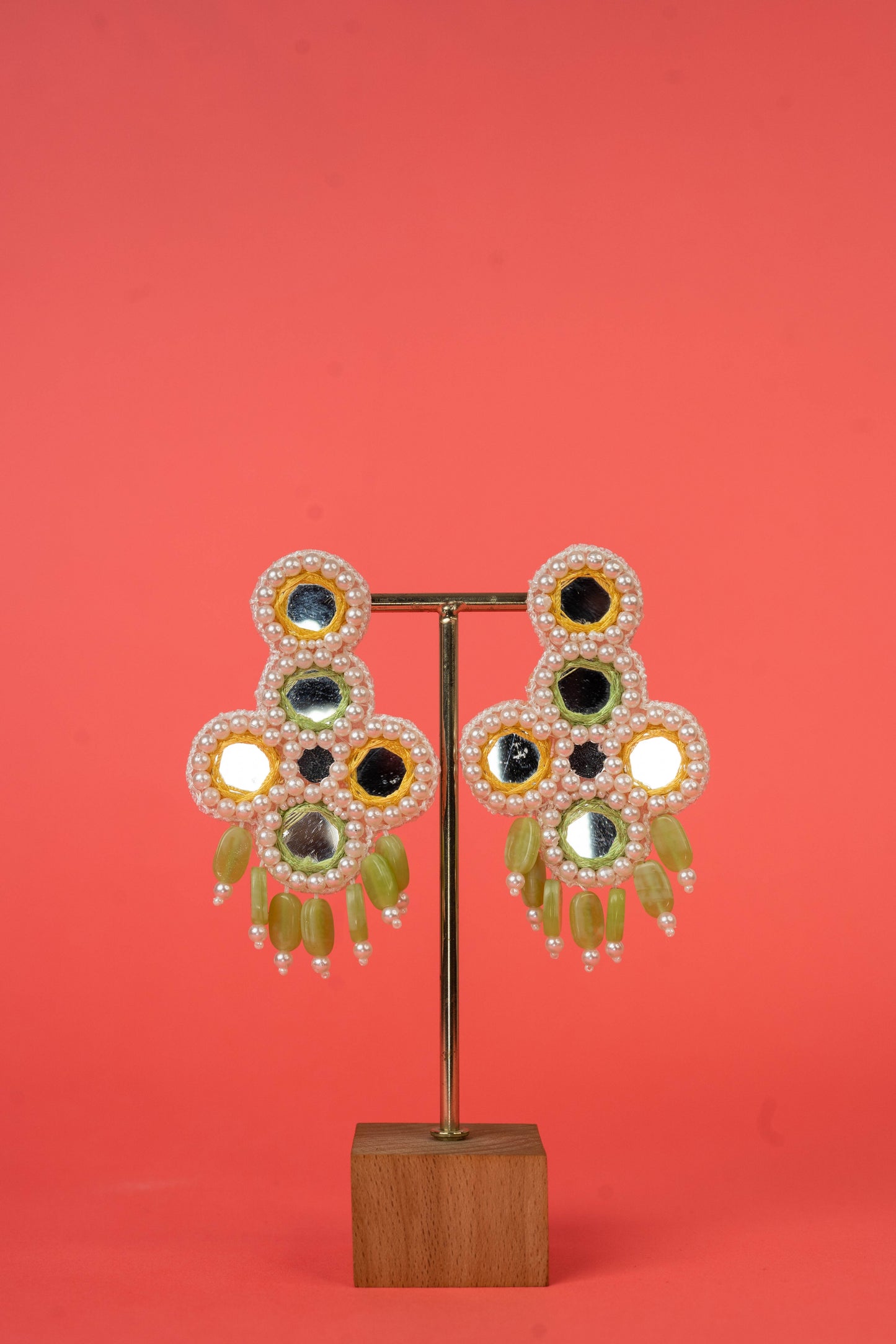 Yellow And Green Mirror Beaded Handcrafted Earrings