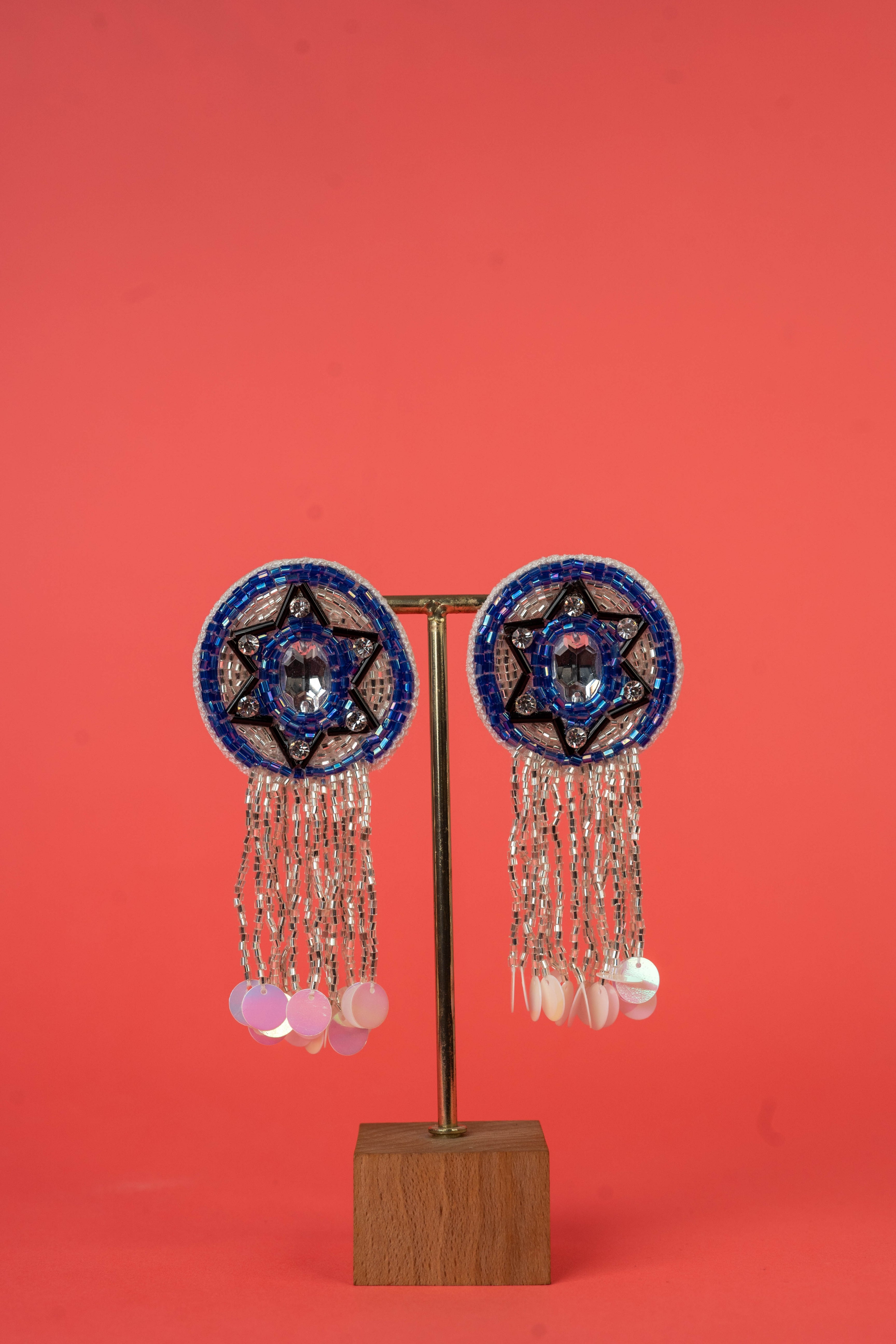 Fida blue kundan beaded tassel hanging earrings