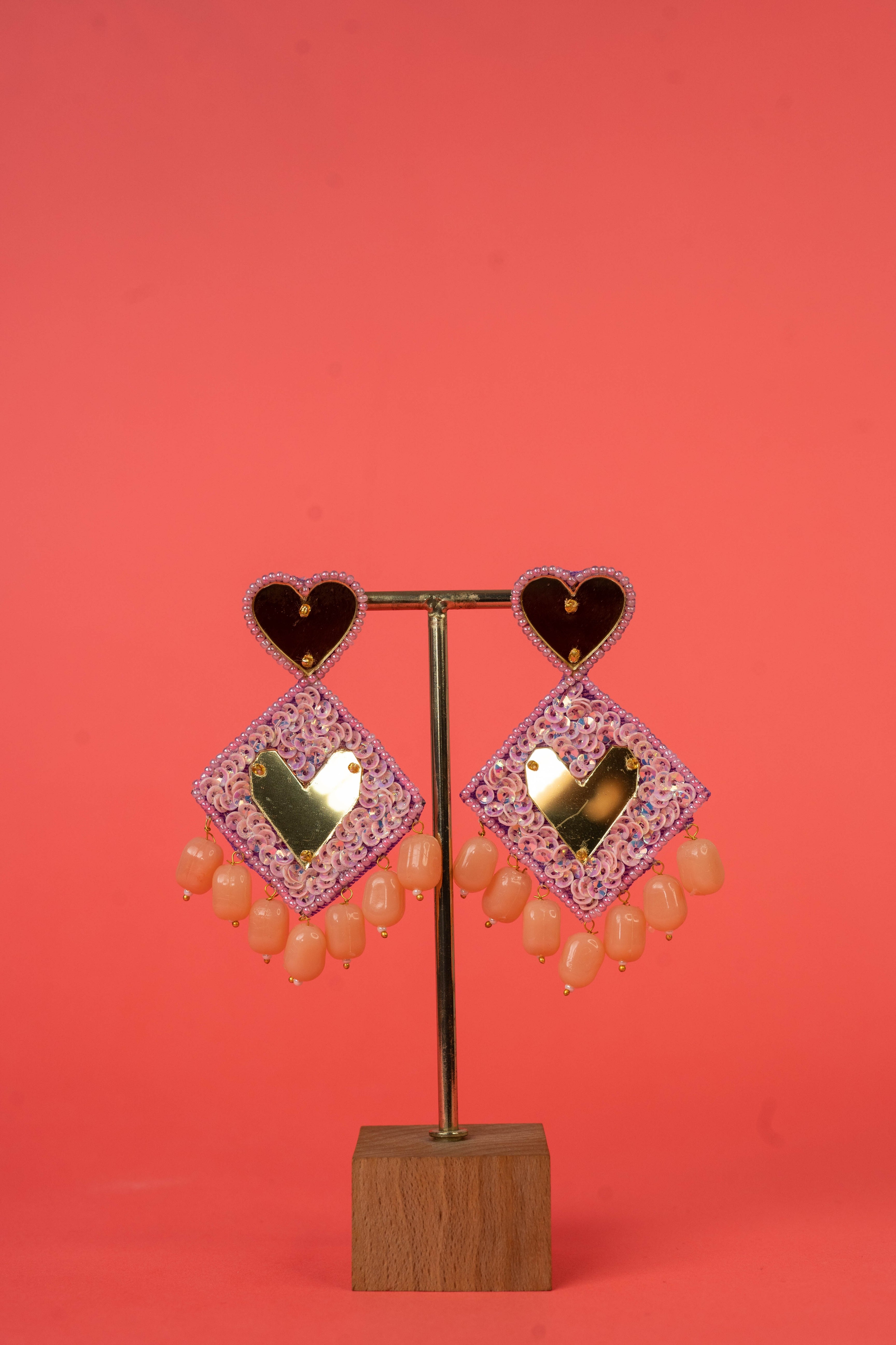 Pink Mirror Beaded Hand Embroidered Earrings