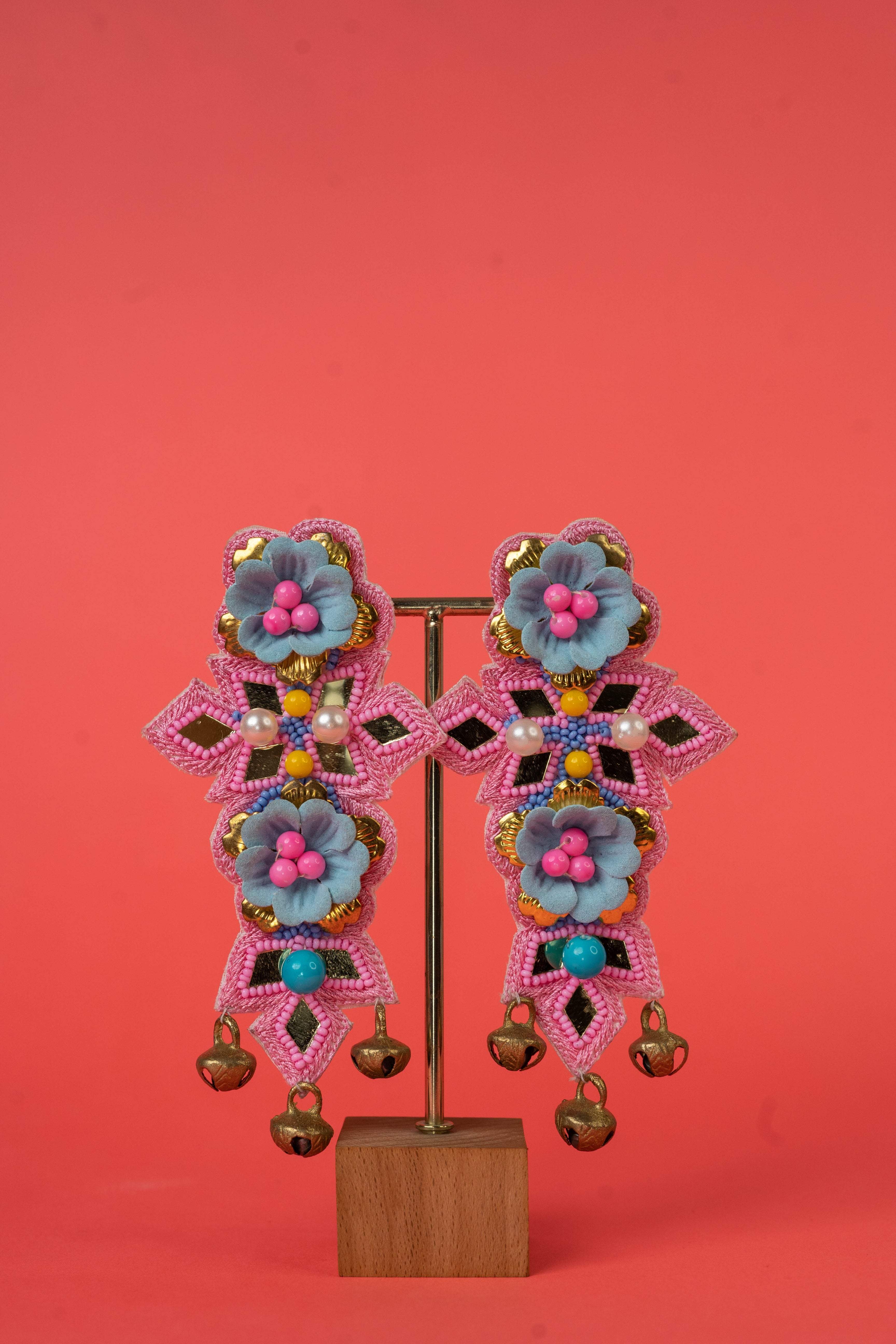 Blue floral beaded earrings with ghungroo hanging