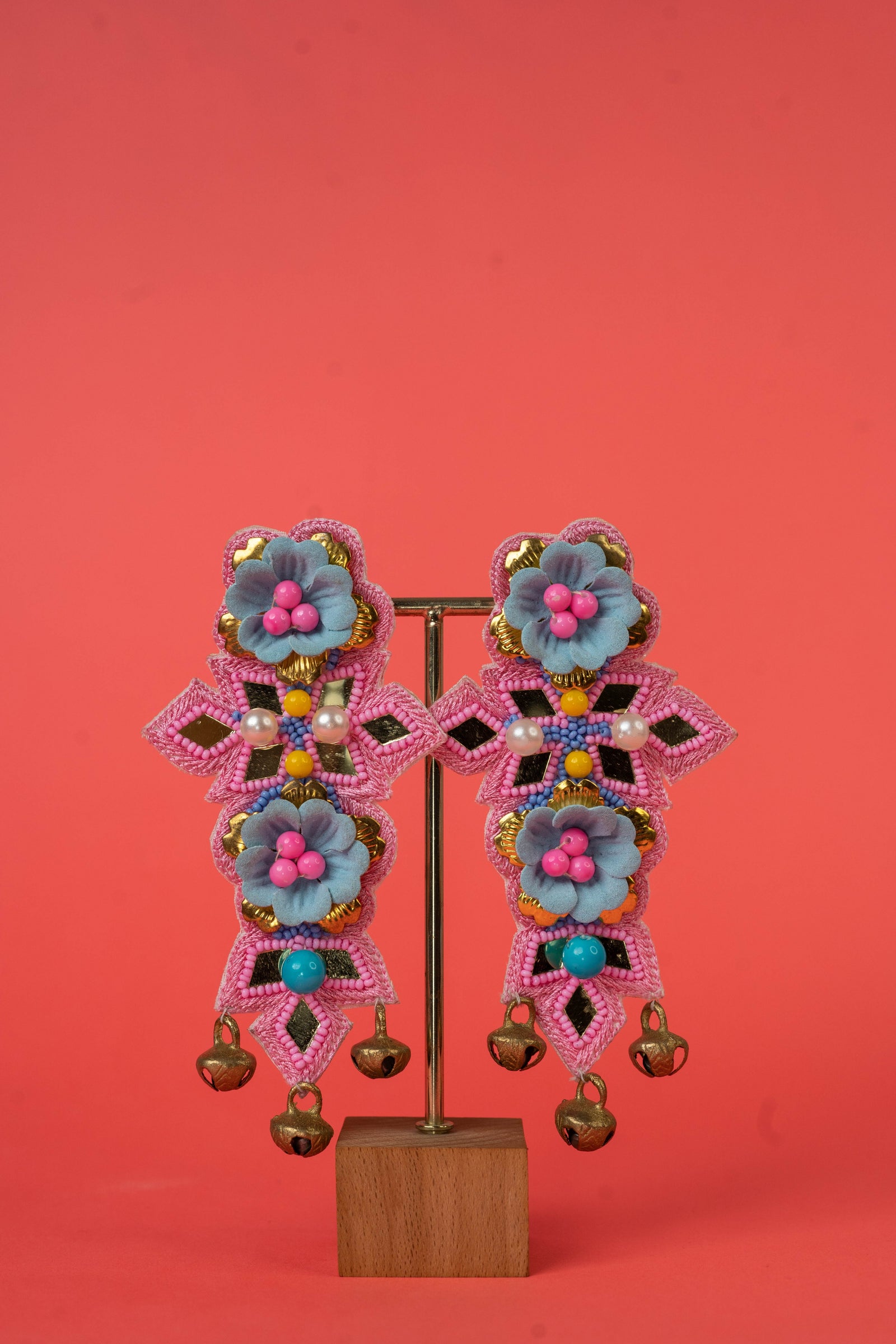 Blue floral beaded earrings with ghungroo hanging
