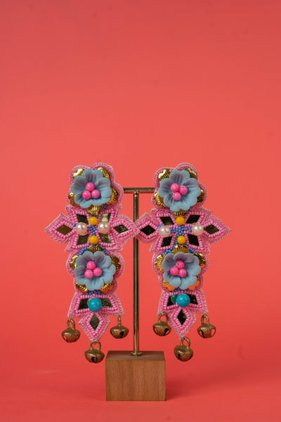 Blue floral beaded earrings with ghungroo hanging