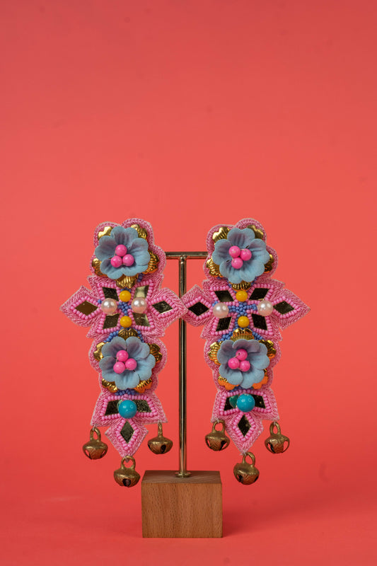 Blue floral beaded earrings with ghungroo hanging