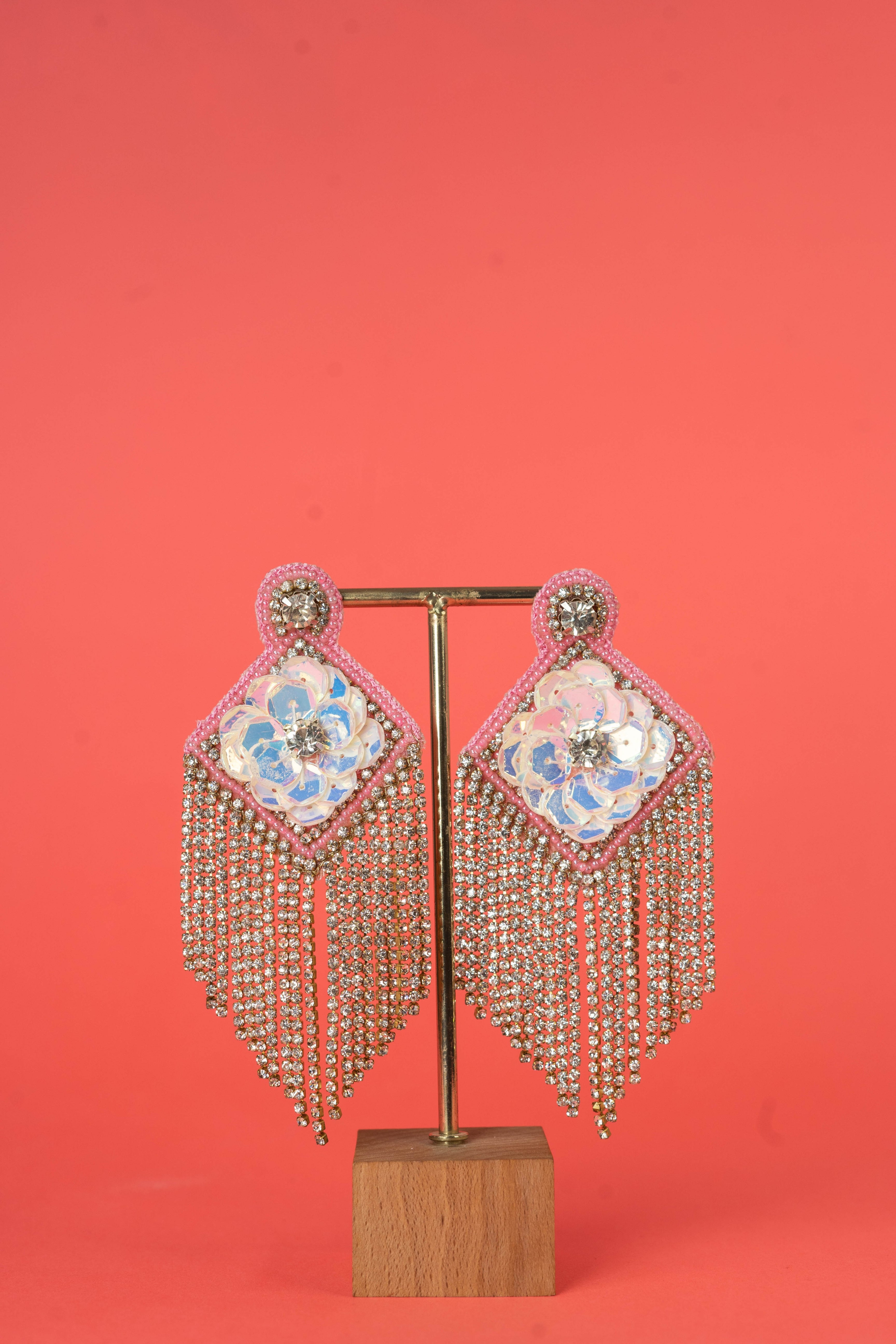 Sequins flower with tassel drop earrings