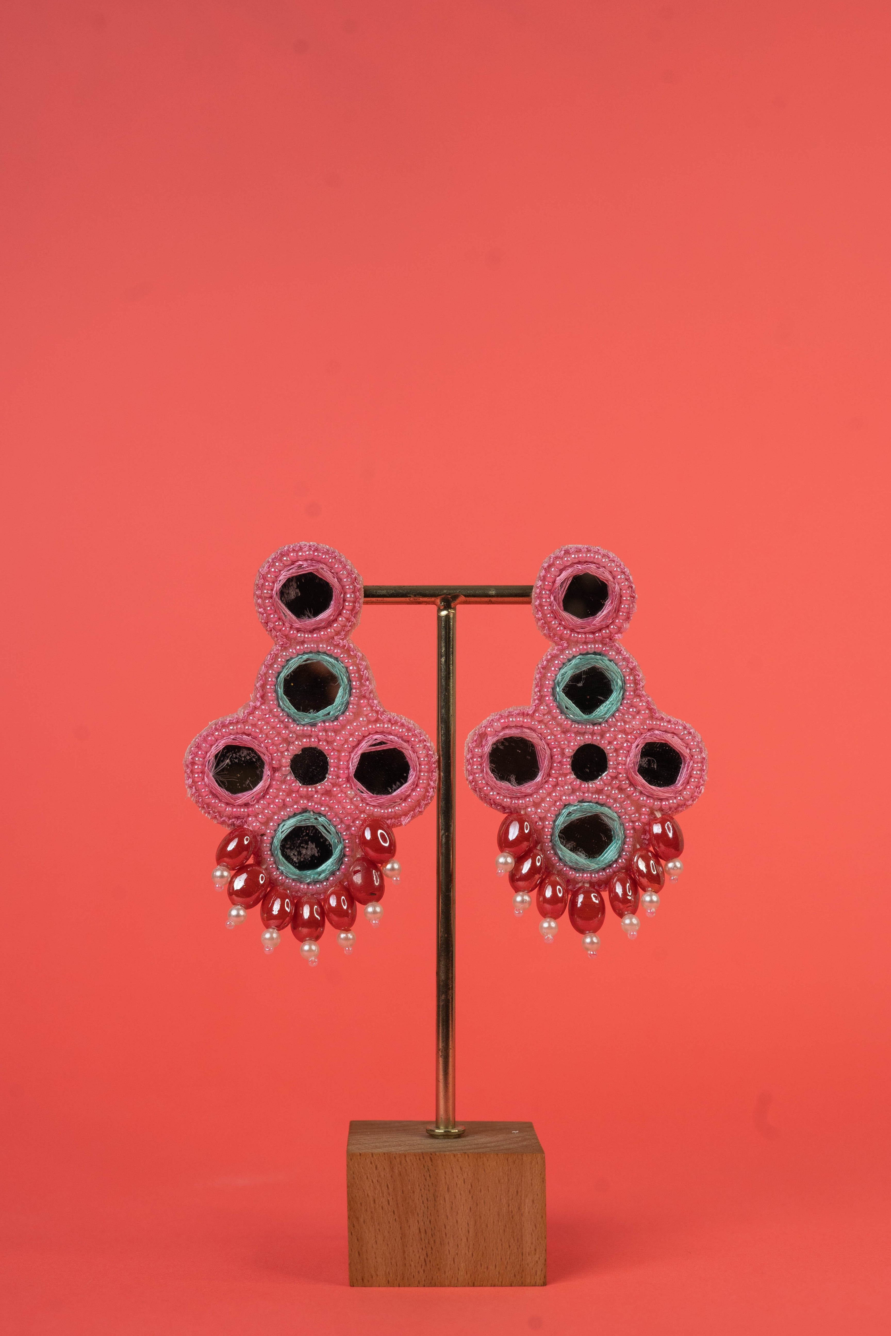 Pink And Blue Beaded Handcarfted Earrings