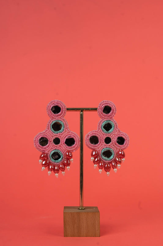 Pink And Blue Beaded Handcarfted Earrings