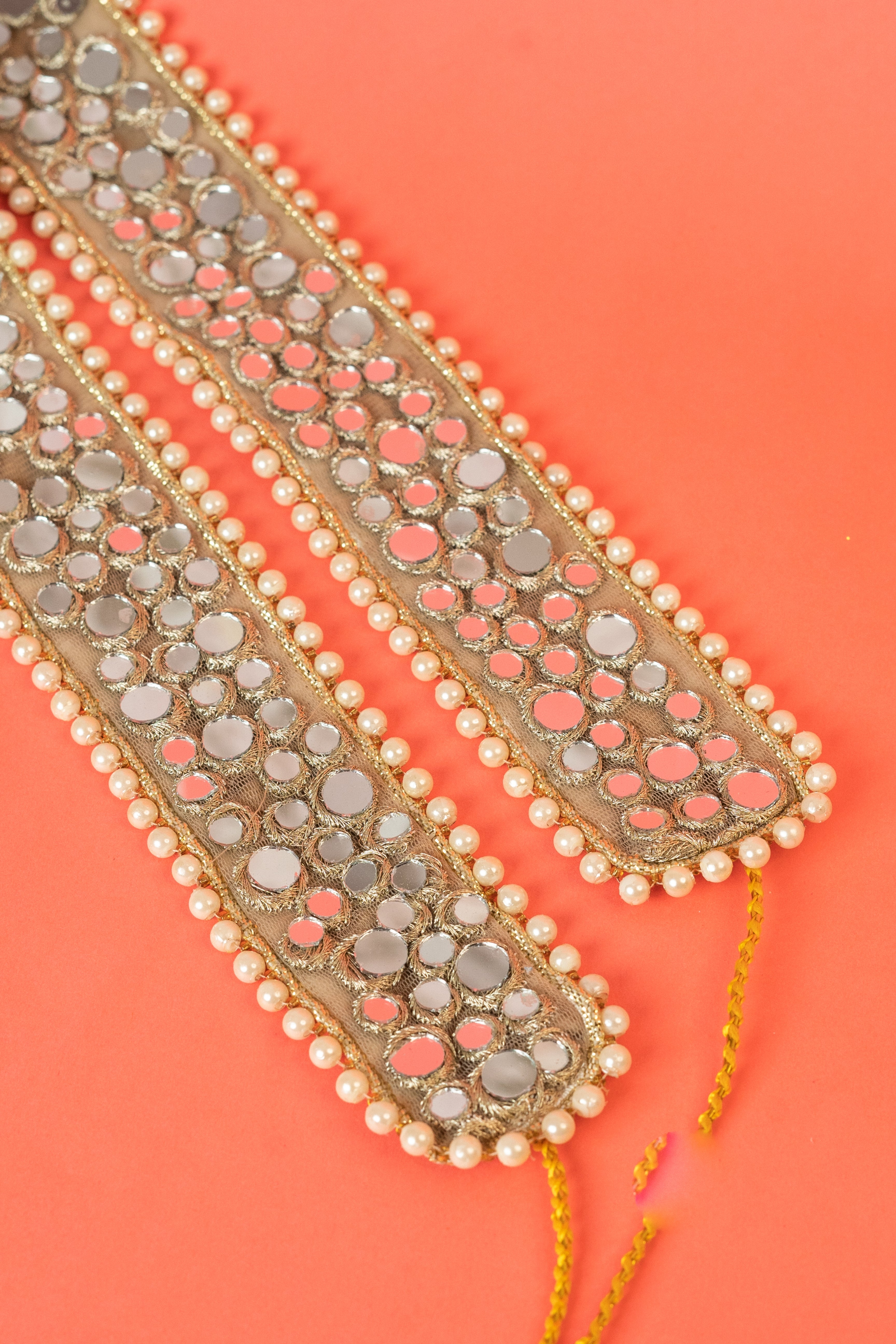 Mirror beaded golden hand embroidered waist belt