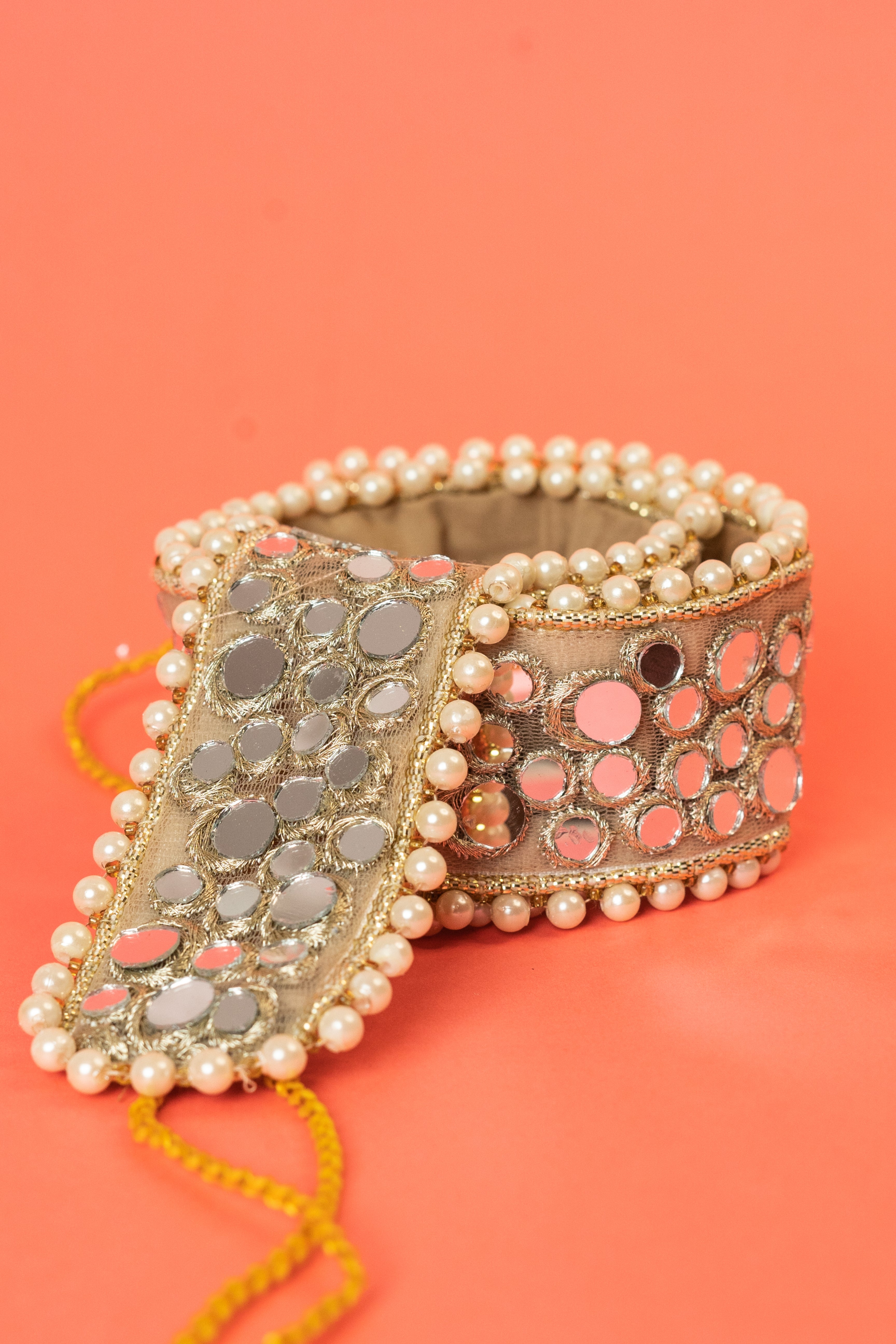 Mirror beaded golden hand embroidered waist belt