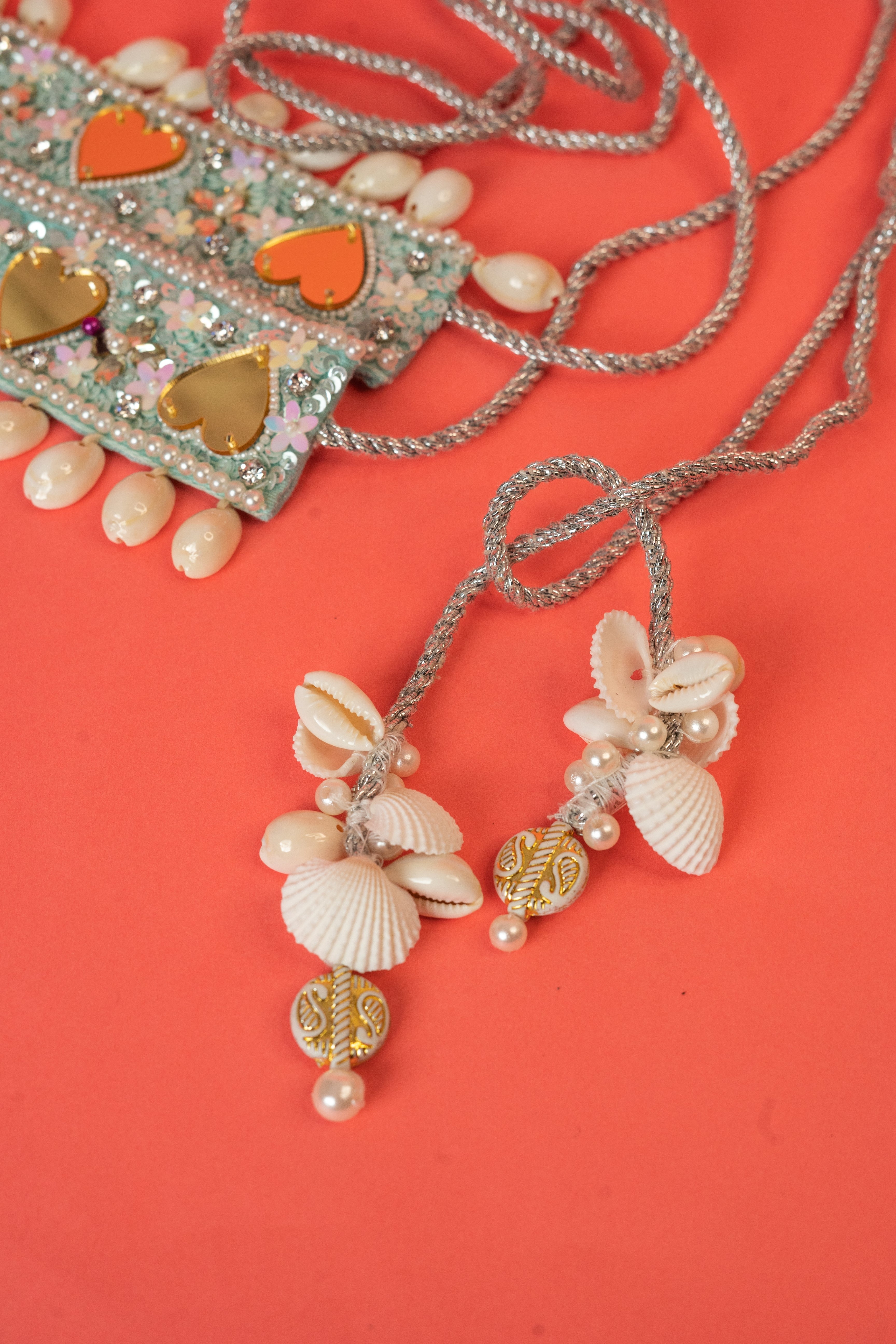 Mirror beaded waist belt with shell hanging